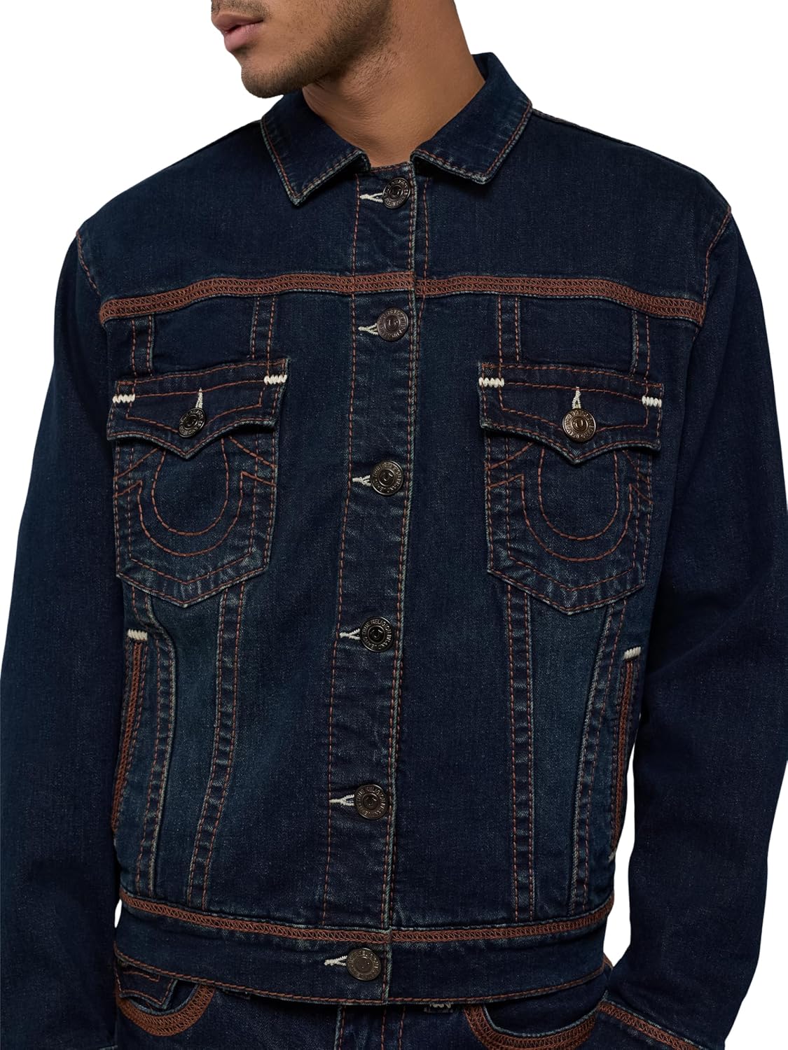True Religion Men's Super Flatlock Trucker Jacket - 98% Cotton 2% Spandex, Flatlock Detail, Dark Wash