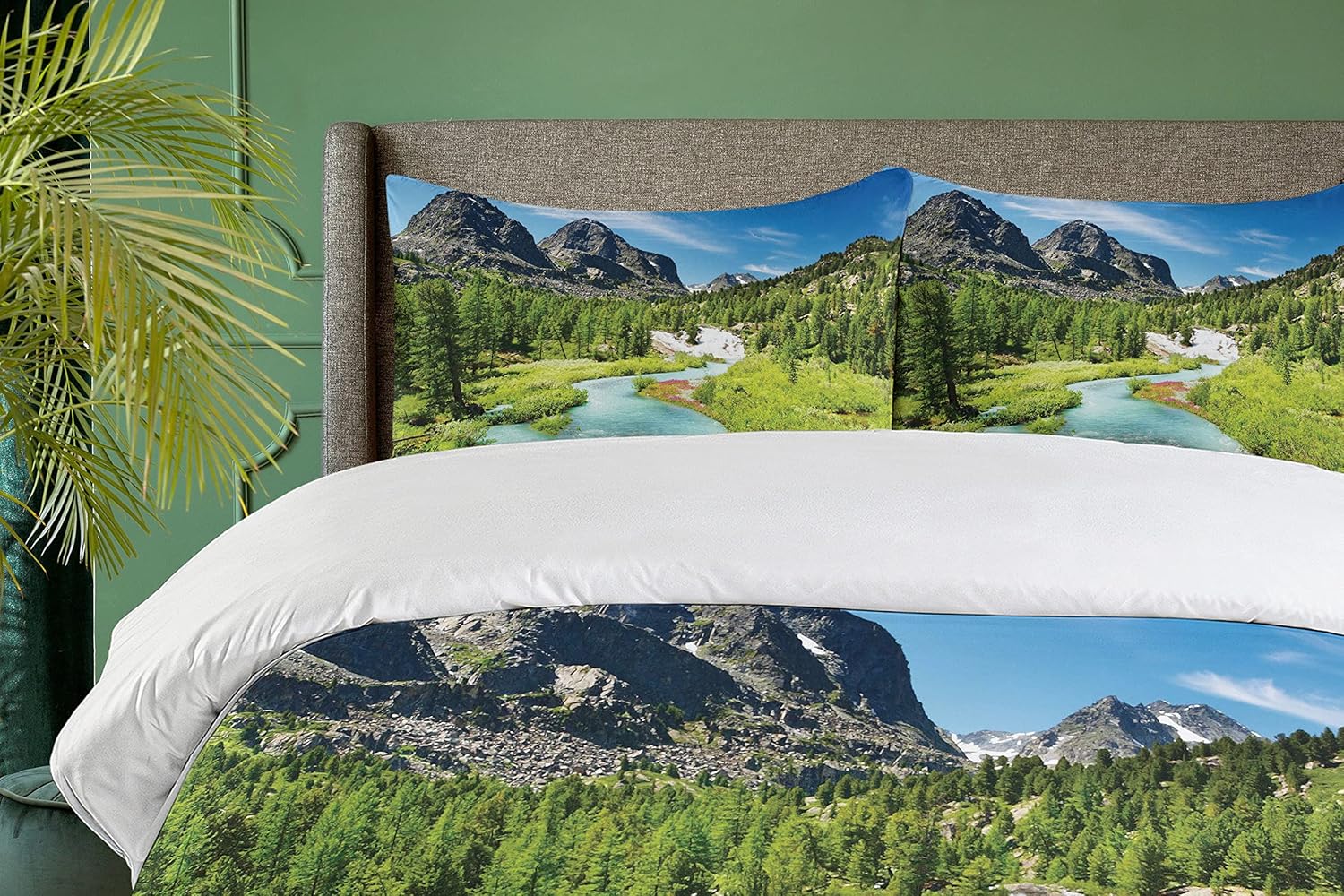 Ambesonne Mountain Duvet Cover Set, Rainforest River with Rocky Mountains Scenery Siberia Whitewater Altai Pine Forest, Decorative 3 Piece Bedding Set with 2 Pillow Shams, King Size, Blue Green King Blue Green