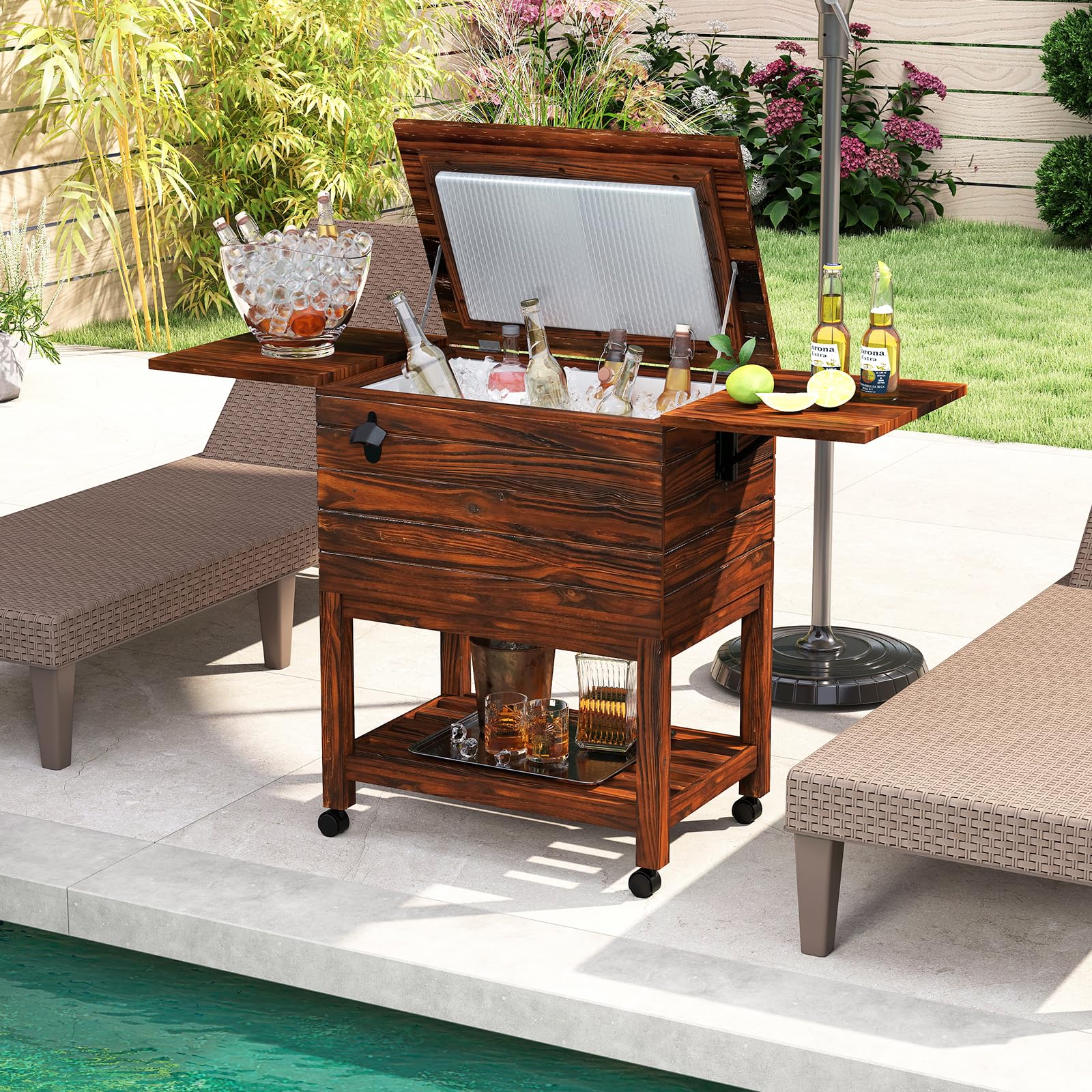 SOARS Nevera móvil para jardín, terraza, piscina, 51 l, bar, 128 x 42,5 x 74 cm, 2-4 horas, 4 ruedas universales, 2 estantes laterales plegables
