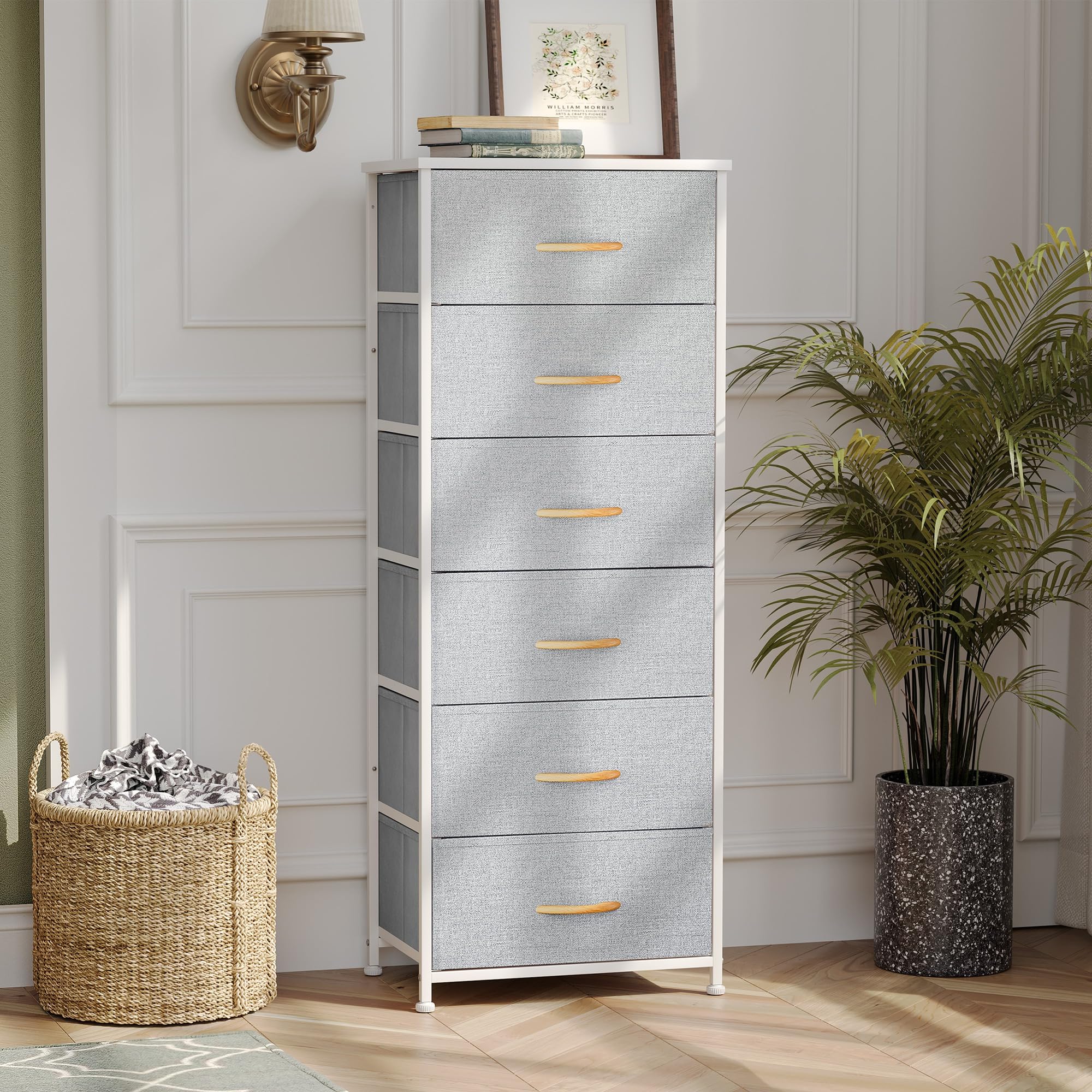 Pellebant Dresser for Bedroom with 6 Drawers, Tall Dresser Vertical Storage Tower, Sturdy Metal Frame, Fabric Storage Bins with Plastic Handle and Wooden Top, Organizer Unit for Closet, Light Gray