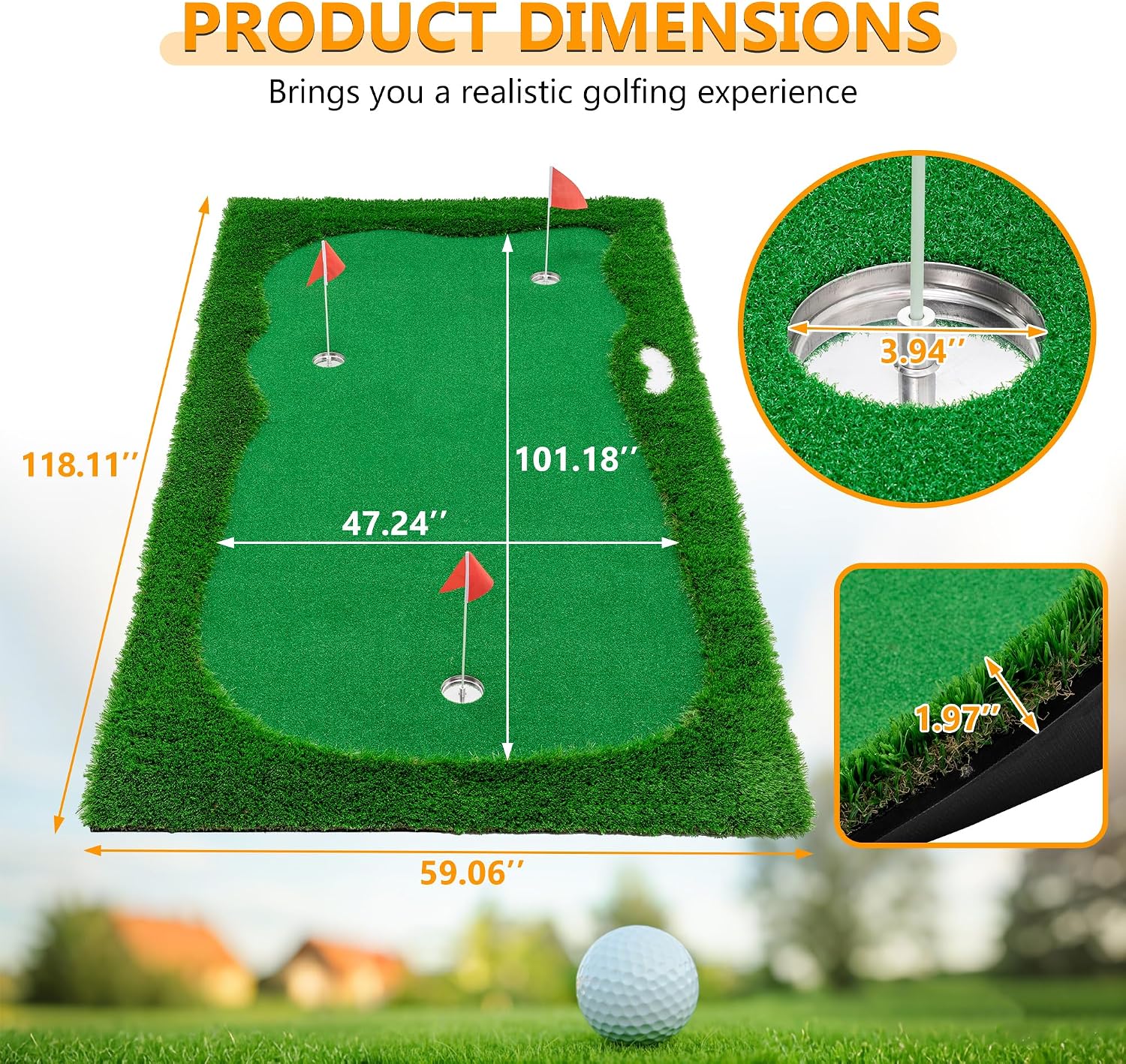 Golf Putting Green, Golf Training Mat Turf, 3 Holes, 3 Flags and Cups for Indoor Outdoor