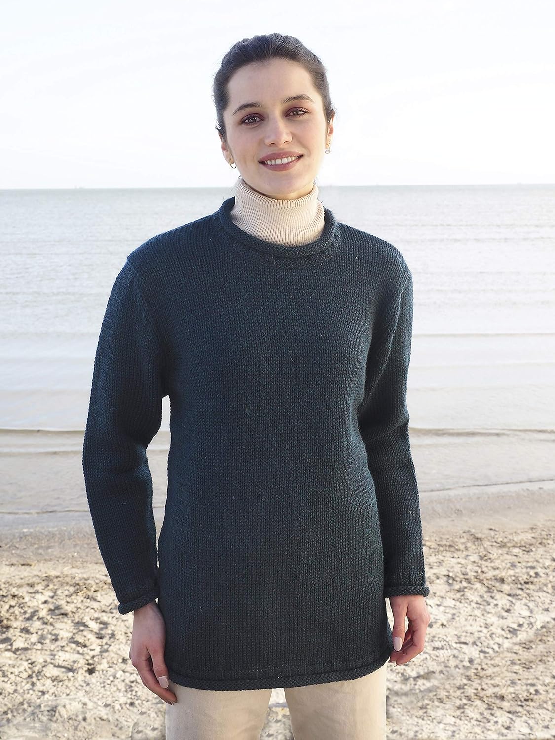 Aran Crafts Mens Plain Curl Neck Long Sleeve Sweater (100% Wool) - Image 3