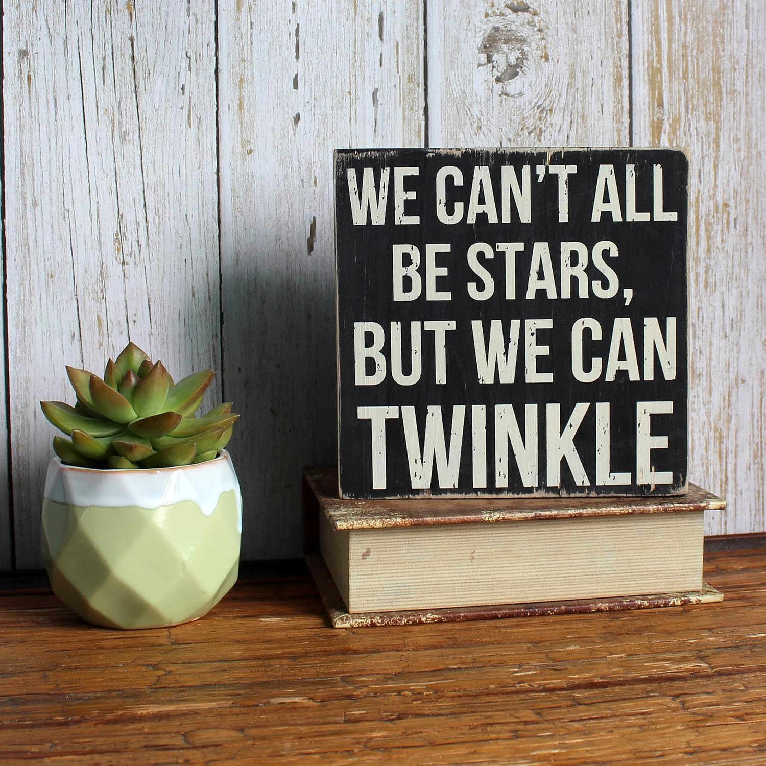 ARTGIFTHOU Farmhouse Distressed Wood Box Sign Vintage Signs Decor for Home Wall/Tabletop/Shelf/Office Decoration Art, We Can't All Be Stars, But We Can Twinkle image 4