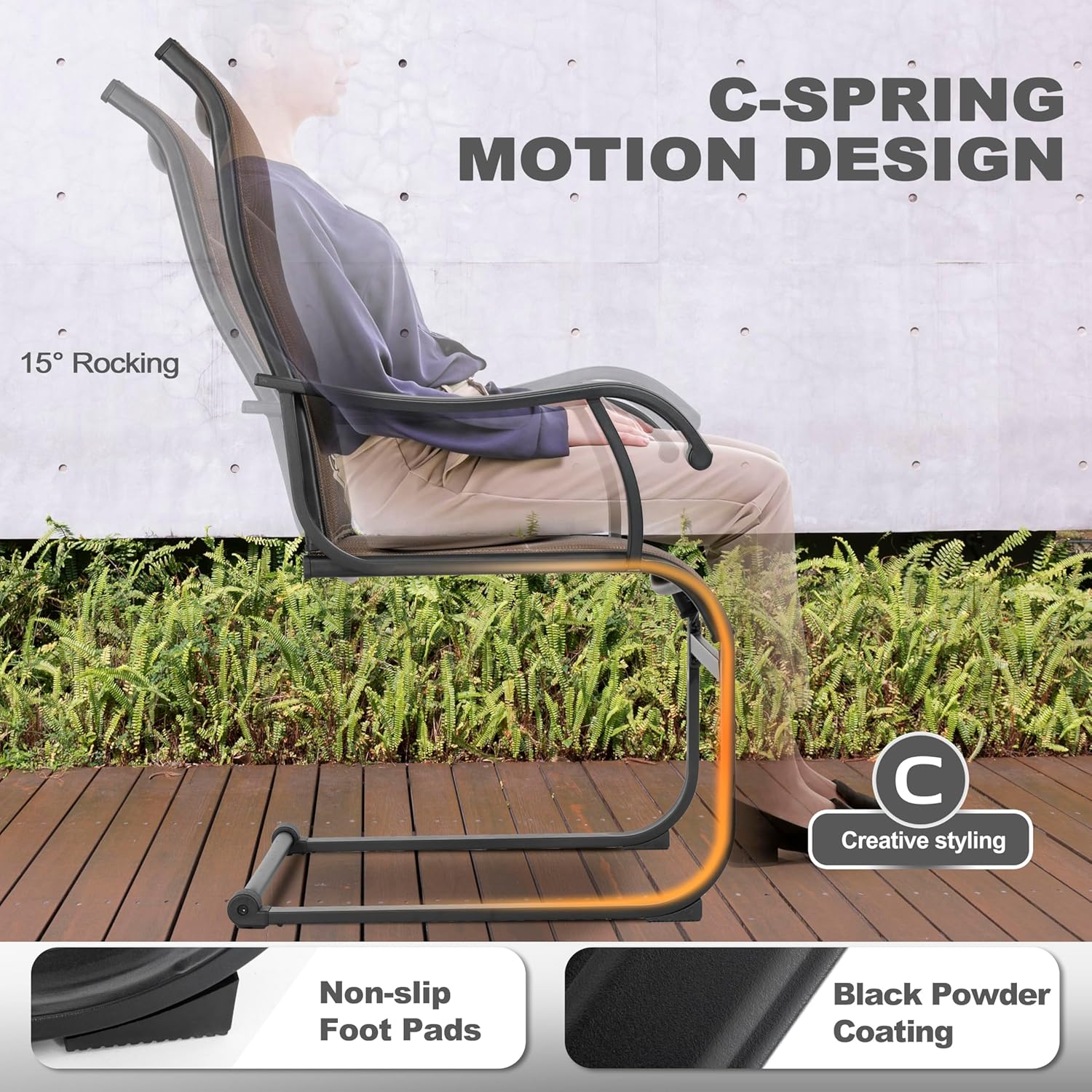 NUU GARDEN Patio Dining Chairs Set of 2, All Weather Outdoor Padded Textilene Patio Chairs, Breathable Spring Motion Textile High Back Outdoor Dining Chairs for Backyard, Lawn, Deck, Brown