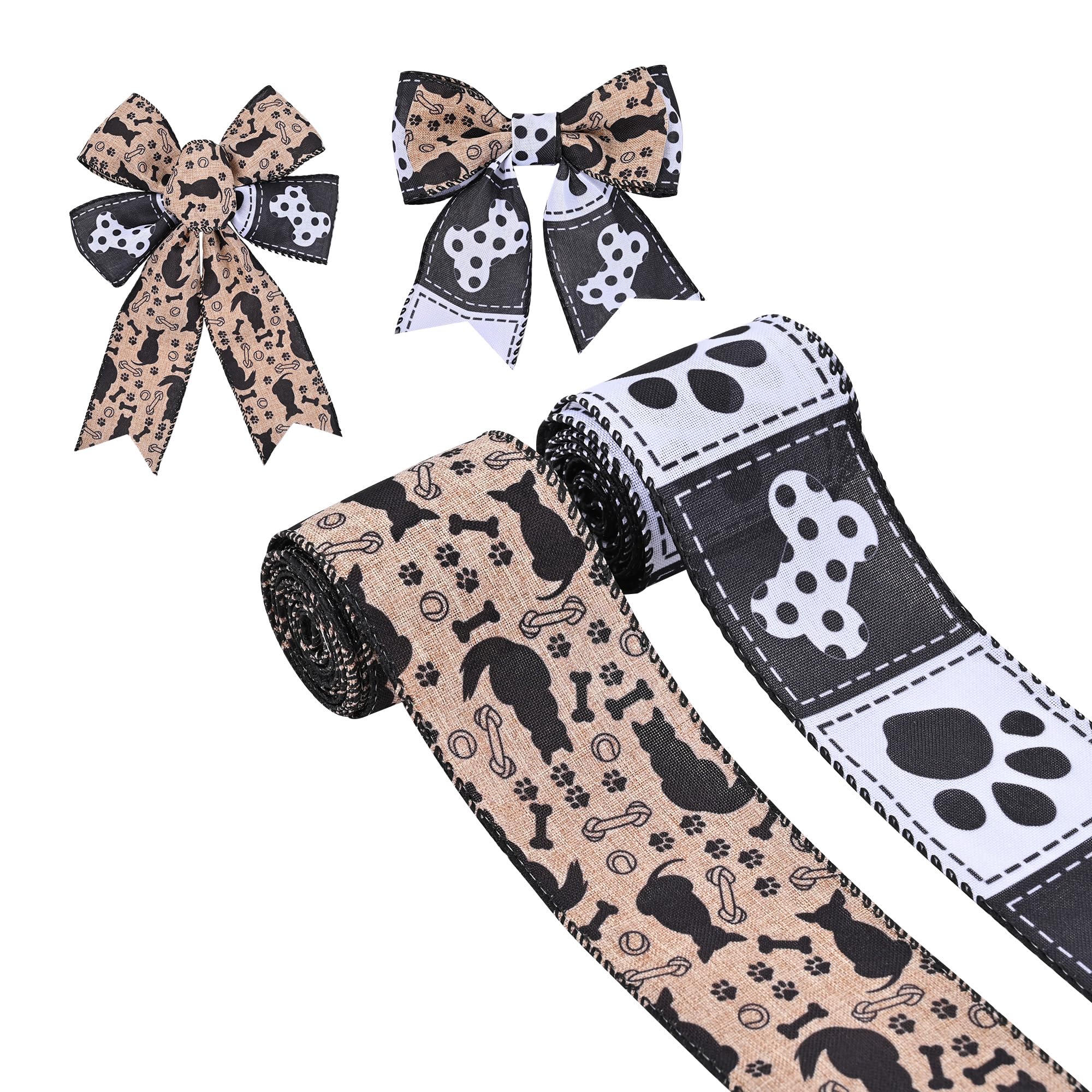 Ribreeze 10 Yards Paw Print Wired Ribbon Set 2 Rolls of 2.5 Inch Natural Burlap Ribbon with Black Cats and Dog Bone Design for Puppy Party Decor Farmhouse Wreaths and Gift Wrapping