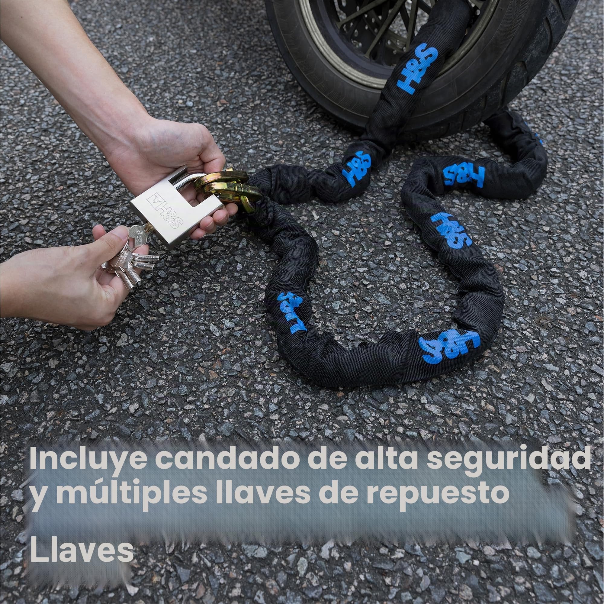 H&S Candado resistente para motocicleta con candado | 10 mm x 2 m | Candado para motocicleta y scooter con cadena de seguridad | Candado de bicicleta de 2 m de alta seguridad | Cadena fuerte y candado