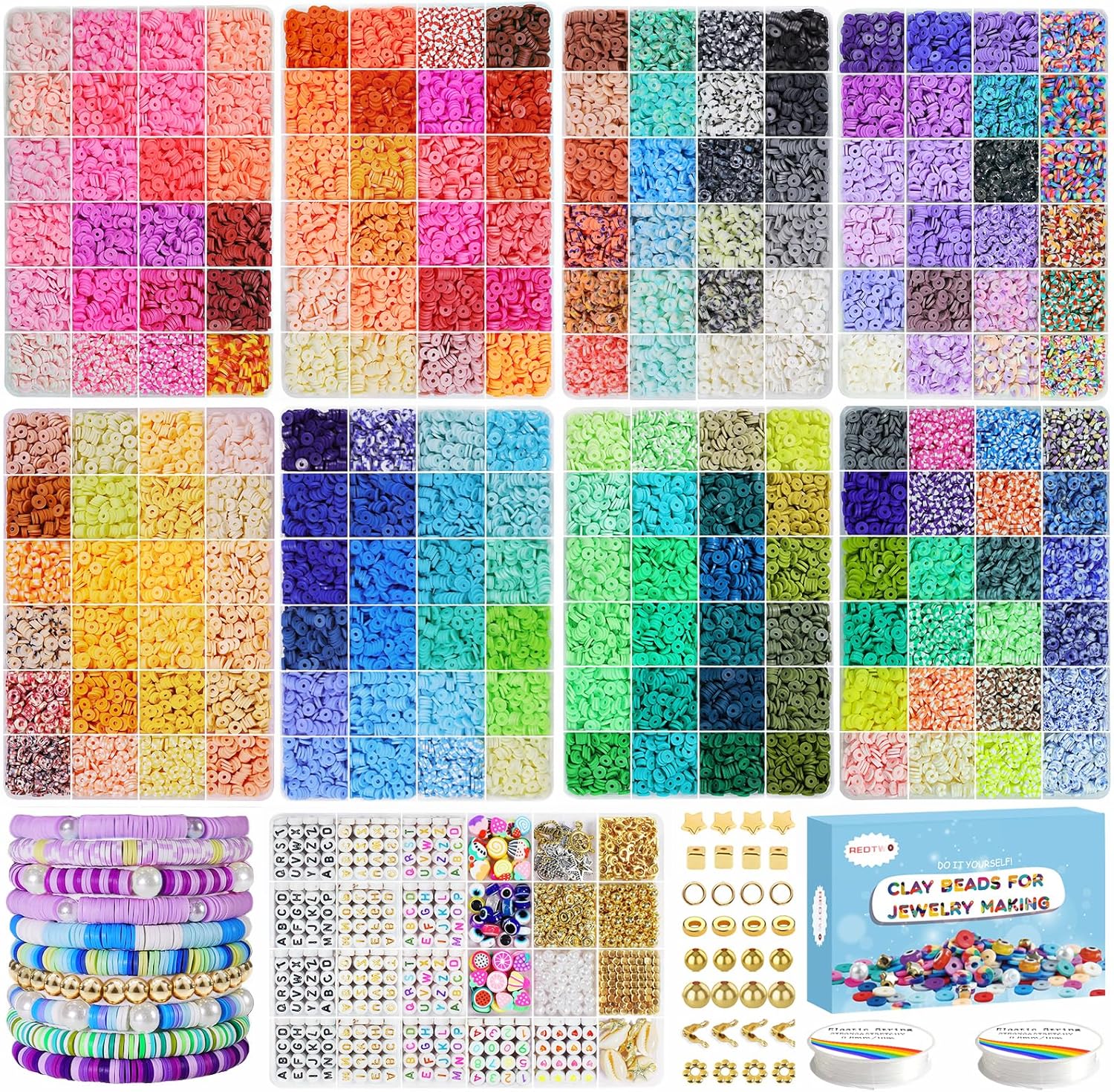 Redtwo 46000 Pcs Clay Beads Friendship Bracelet Making Kit, 192 Colors 9 Boxes Flat Polymer Clay Heishi Beads Set for Jewelry Making with Letter Bead Elastic String, Gifts for Girls 8-12