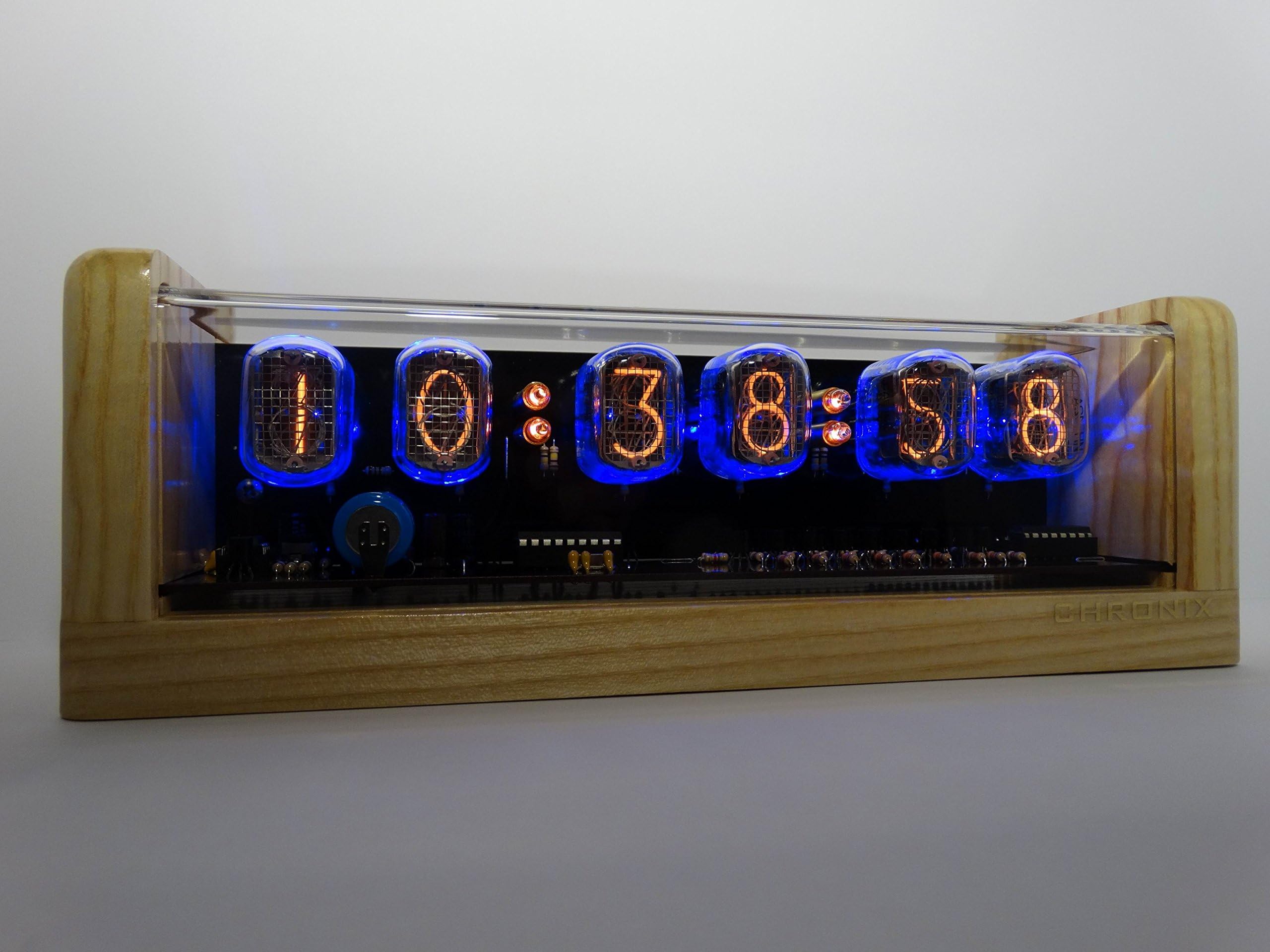 CHRONIX Vintage Nixie Tube Clock with 6xIN-12 displays & alarm & blue backlight & ash case
