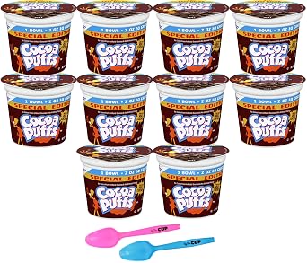 General Mills Cocoa Puffs 25% Less Sugar, 2 oz Bowl Pack of 10 with By The Cup Mood Spoons