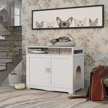 Cat Litter Box Enclosure Cat Washroom Litter Box Furniture with Hidden Plug 2 Doors Multi-Functional Storage Bench Cat House Pet Supplies White