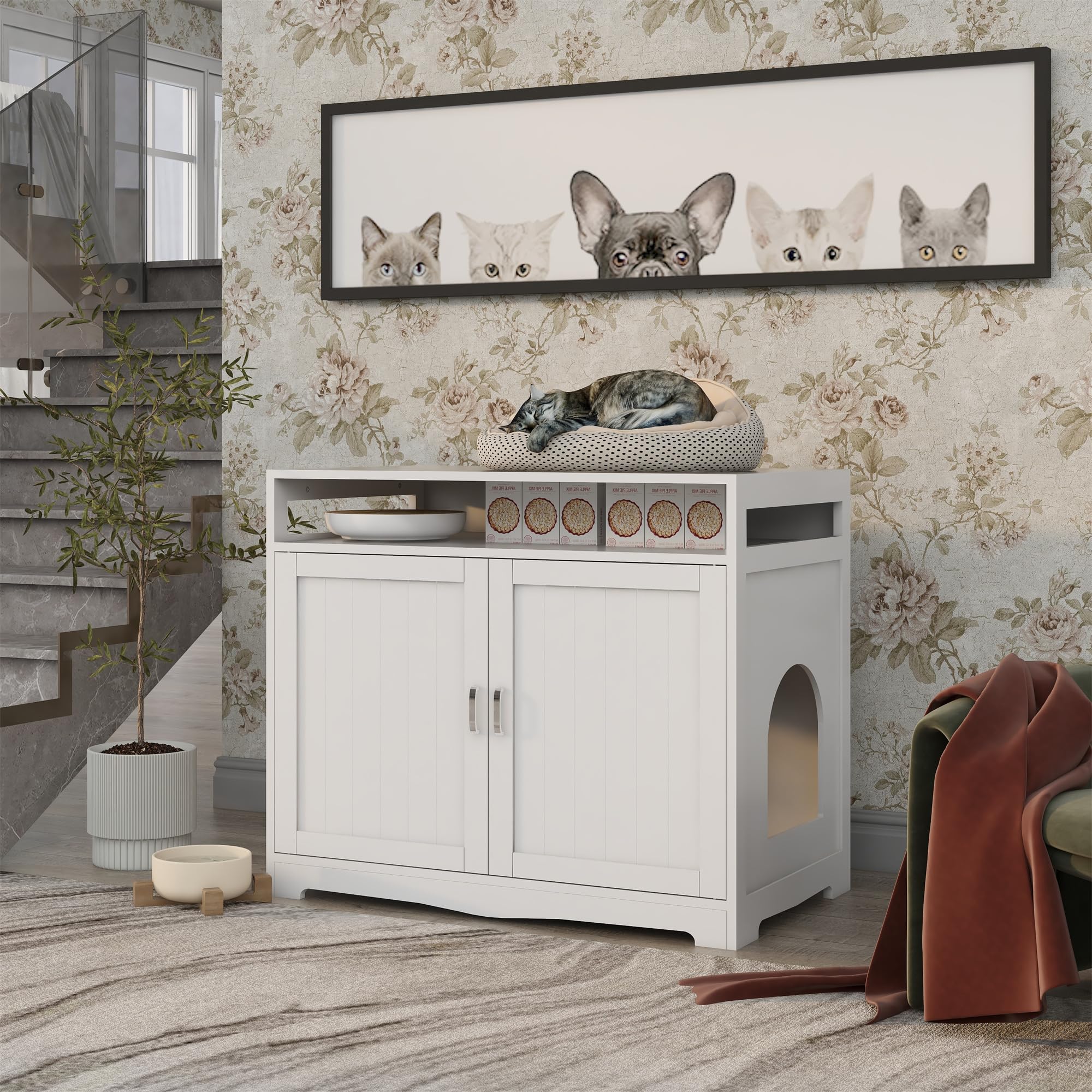 Meuble litière pour chat dissimulé : un banc blanc élégant pour votre salon