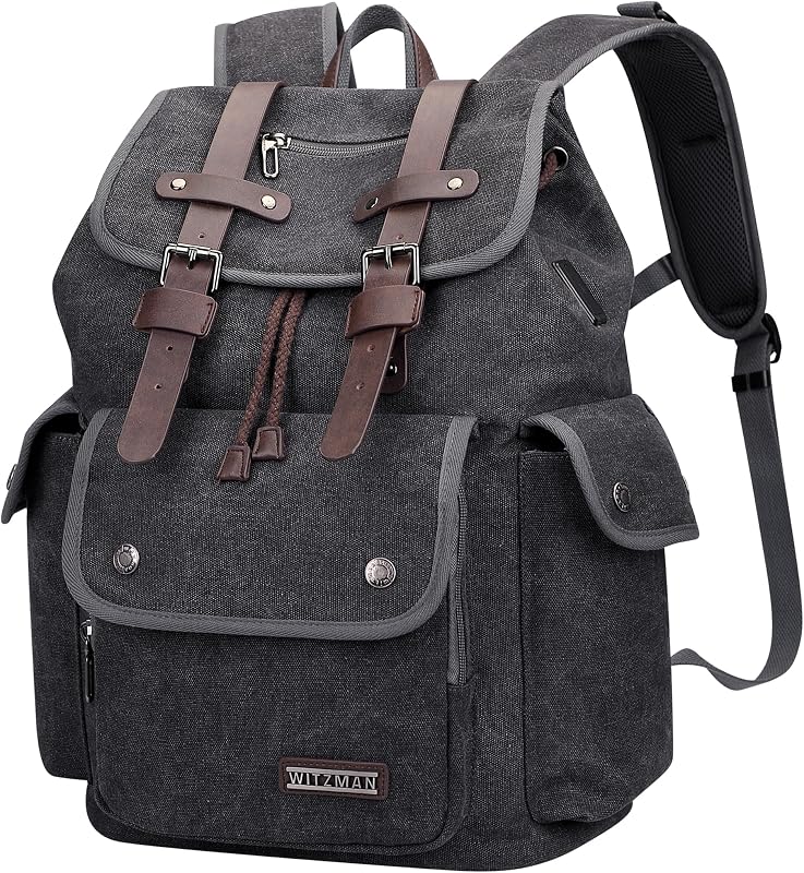 WITZMAN Canvas Backpack for Men Vintage Rucksack Fits 15.6 inch Laptop | Drawstring Backpack, High Capacity Casual Daypack with USB Charging Port, For Vacation, Overnight Trip, A8004 Black/Gery