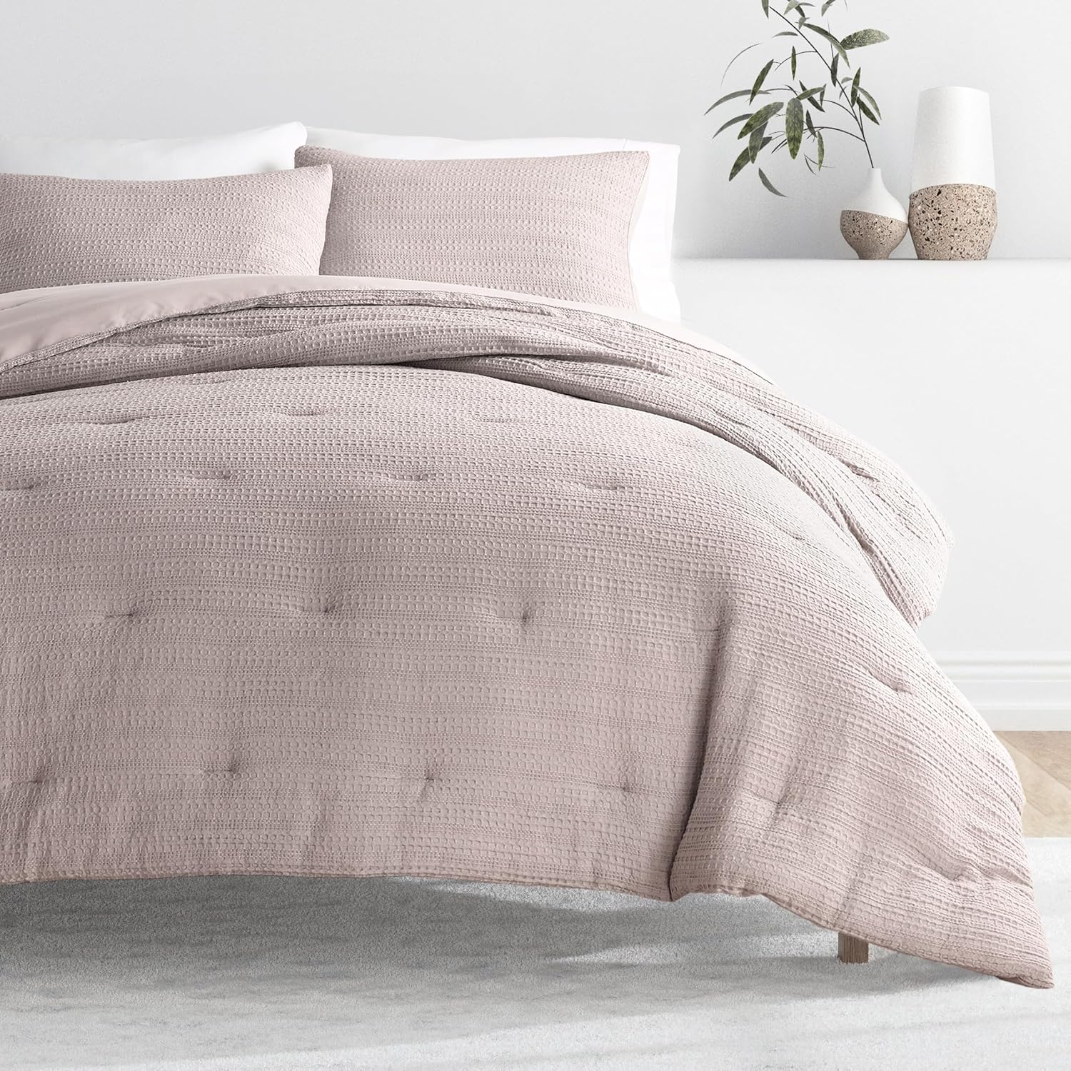 Merit Linens Waffle Textured 3 Piece Comforter Set All Season Down-Alternative Ultra Soft Bedding - Full/Queen Mauve