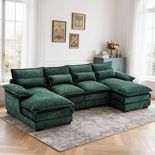GNIXUU U Shaped Cloud Couch, 110" Chenille Comfy 4 Seat Sectional Couches for Living Room, Modular Sofa Sleeper with Double Chaise & Memory Foam for Apartment(Emerald Green)