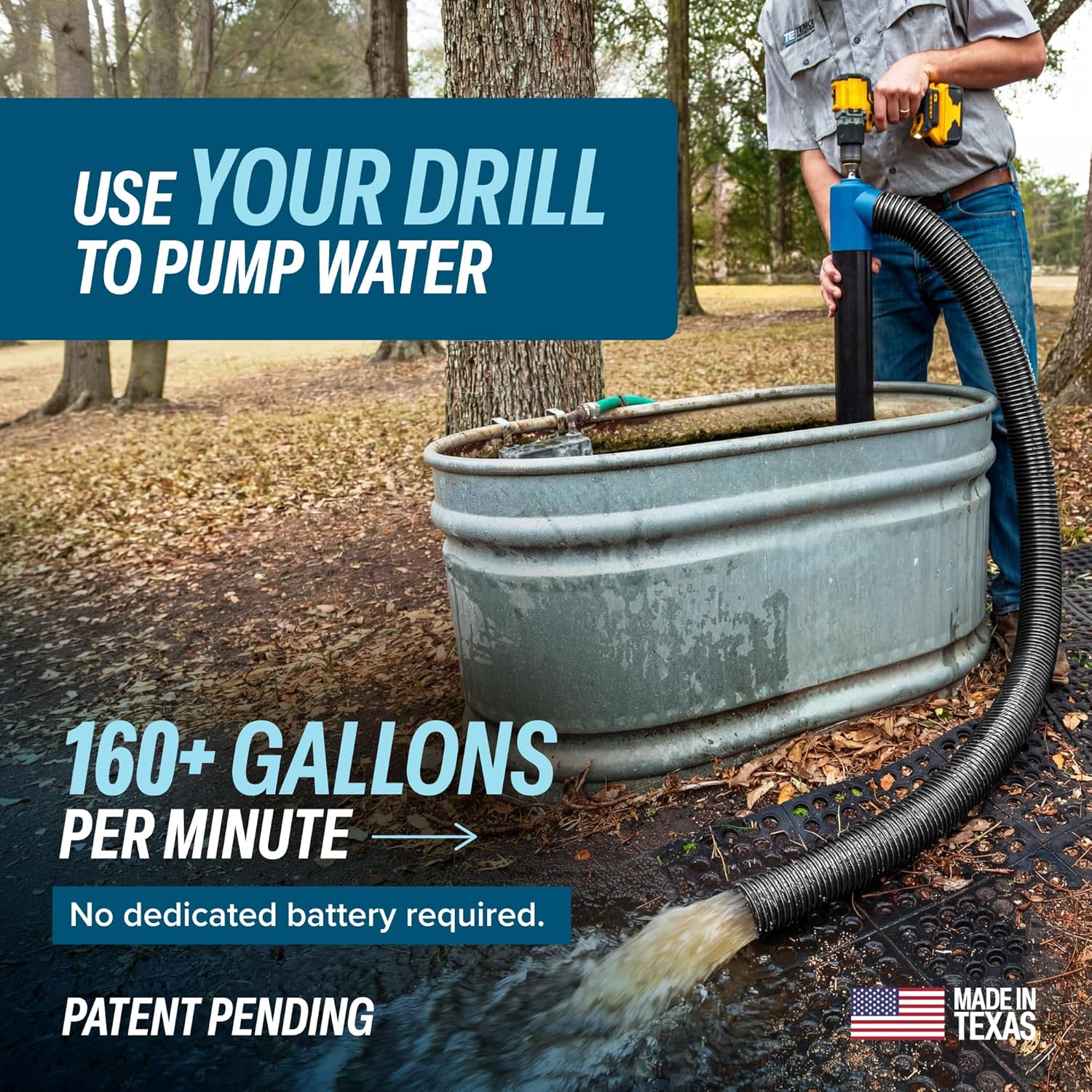 Drill-Powered Stick Water Transfer Pump 9600 GPH, Anti-Clog, 6 FT Hose Included, Made in USA, TEMCo Industrial TH1712