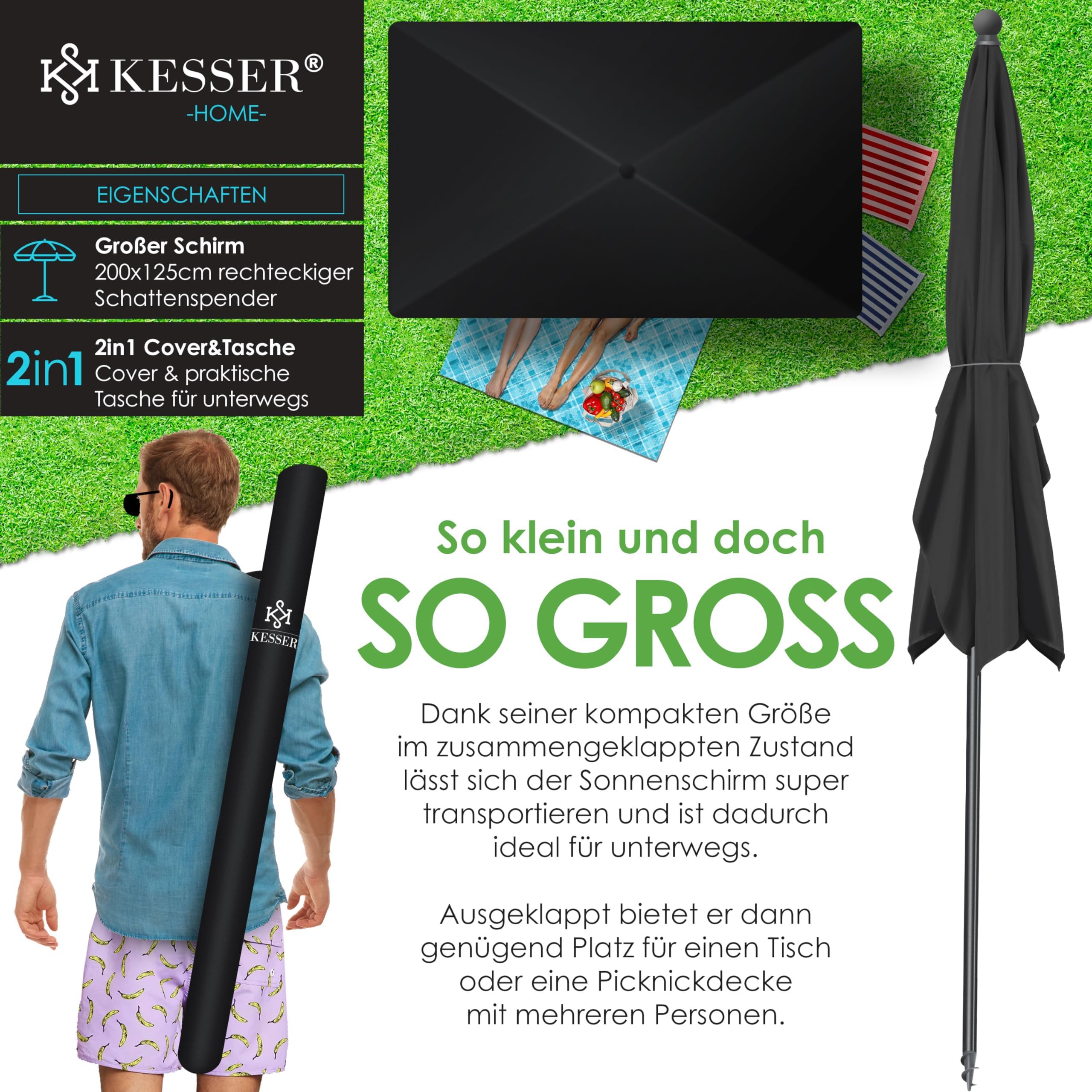 KESSER® Ombrellone Rettangolare Incl. 2in1 Coperta e Borsa di Trasporto Ombrellone da Giardino Ombrellone da Patio | Ombrellone 200 x 125cm per Balcone Giardino e Terrazza