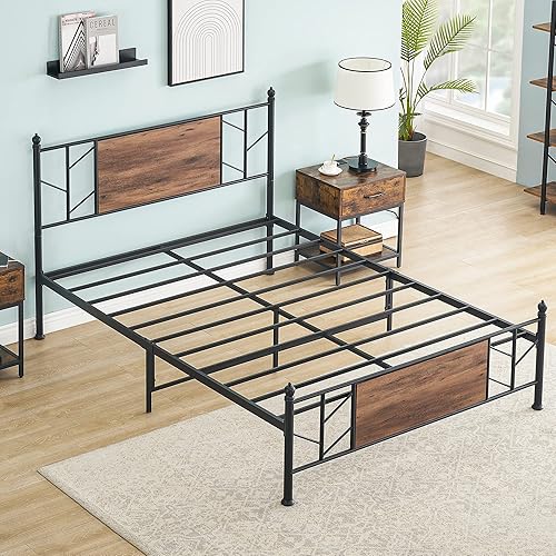 Miniatura 6 de IDEALHOUSE Marco de cama matrimonial vintage de 13 pulgadas, estilo industrial con tablas de madera retro, fuerte capacidad de carga, no necesita