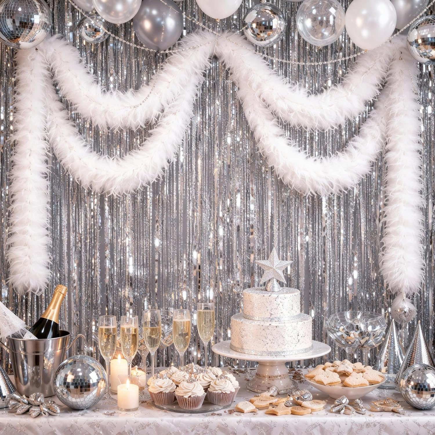 24 Pcs Winter White Faux Fur Pom Balls and 1pcs 10.9yd 150g Turkey Feather Boa Wedding Valentine's Day Costume Dress Tea Party Supplies Winter Decoration White Boa Faux Fur for Hats DIY Home