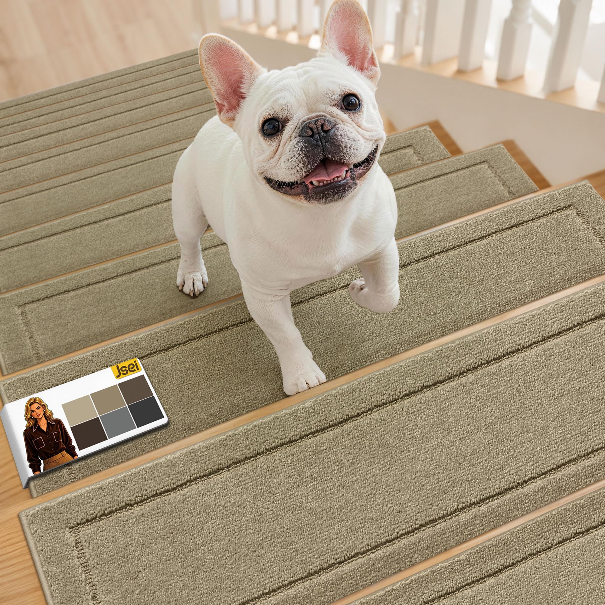 JSEI Stufenmatten Innen rutschfest 15 Stück, 20,3 x 76,2 cm Maschinenwaschbare Treppenteppich Selbstklebend Stufenteppich für Kinder, Älteste und Haustiere, 100% Polyester TPE -Rücken, Beige