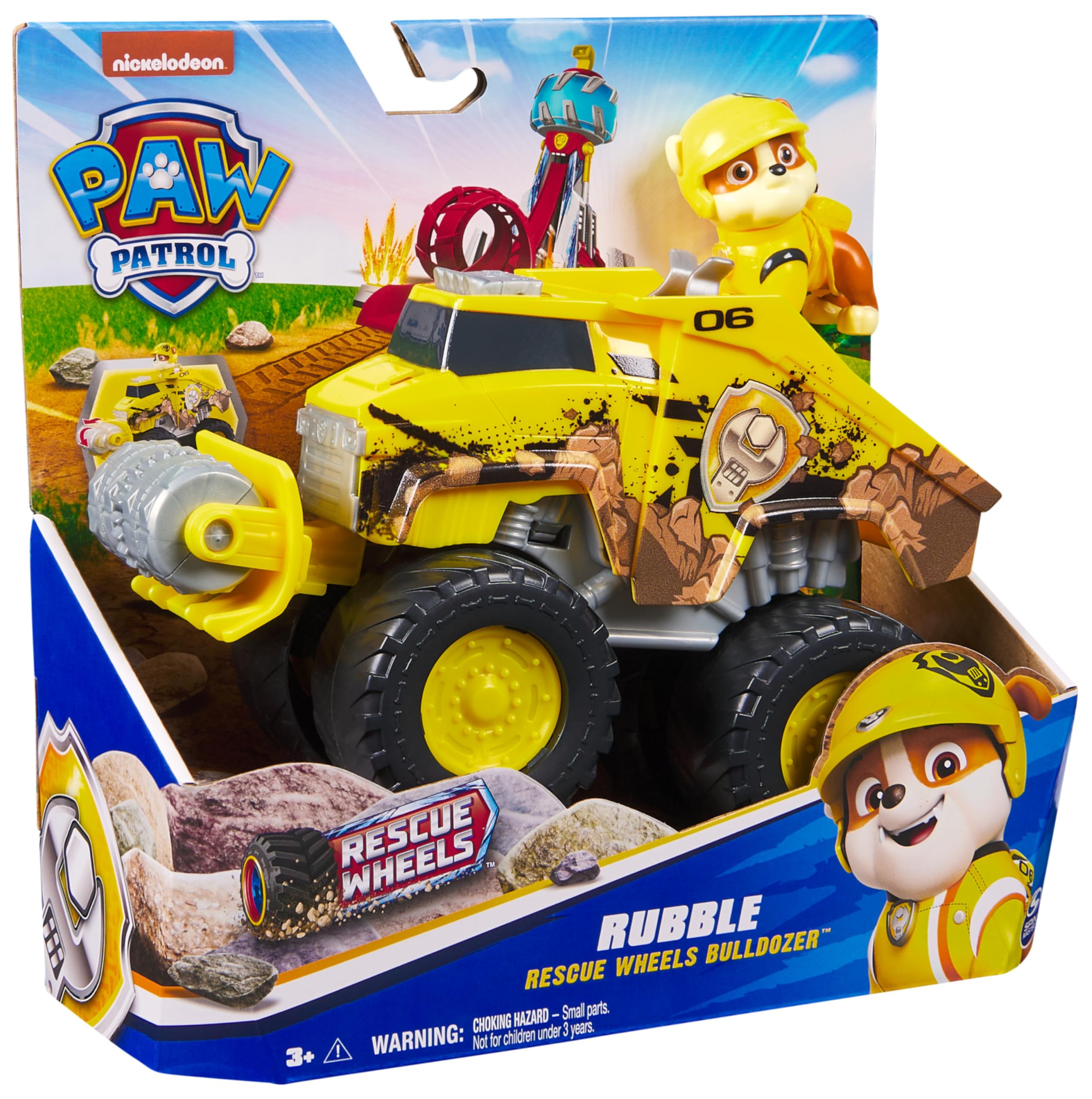 Paw Patrol: Rescue Wheels, Bulldozer di Rubble, Veicolo Giocattolo con Trasformazione e Personaggio Collezionabile, Giocattoli per Bambini e Bambine, 3+ Anni