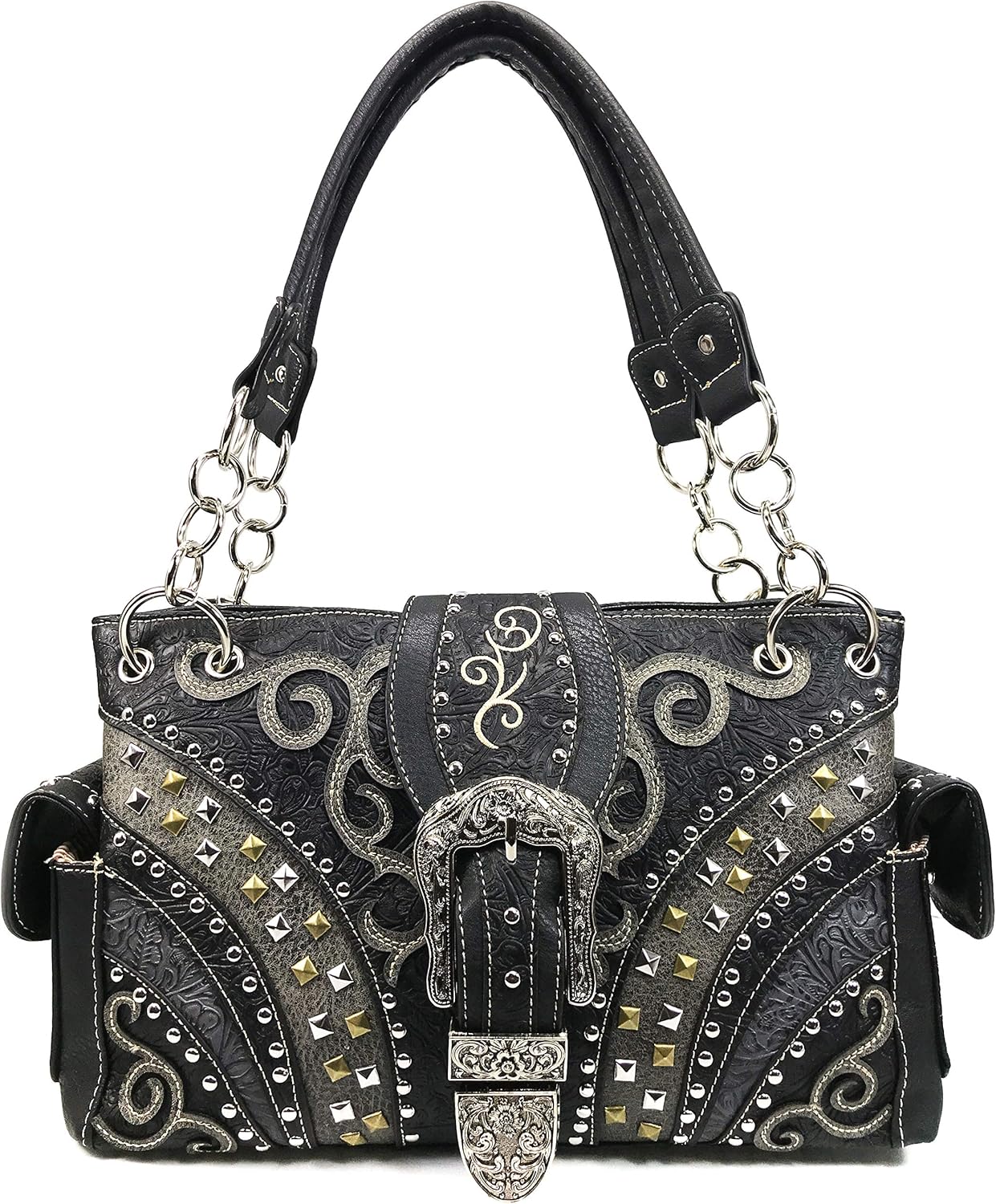 Justin West Clydesdale Tooled Leather Metal Stud Buckle Conceal Carry Women Handbag Purse