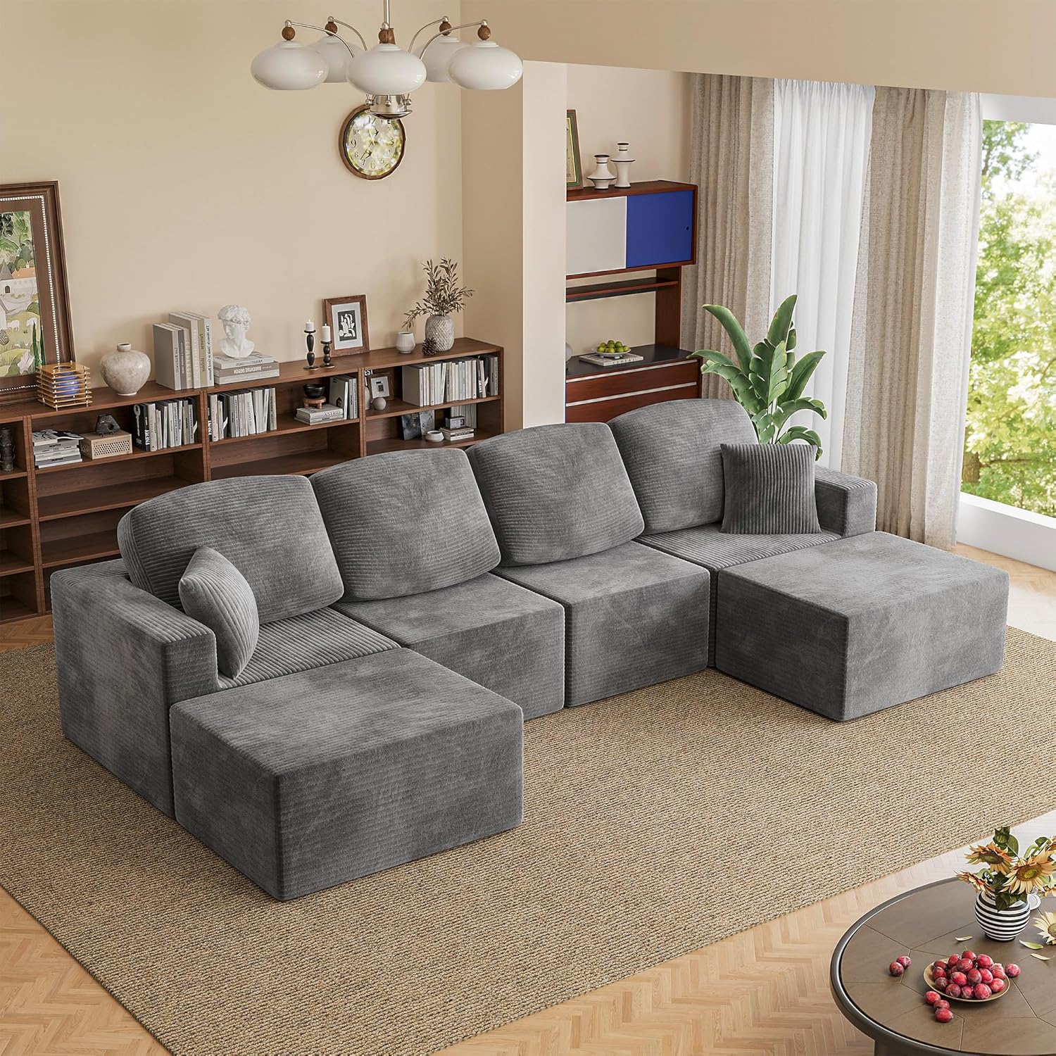 Homall 126" Modern Fabric Boneless Couch with Deep Seat, Sectional Couches for Living Room, Upholstered Cloud Sofa with 2 Ottoman, No Assembly Required (Dark Grey, U Shaped Sofa)