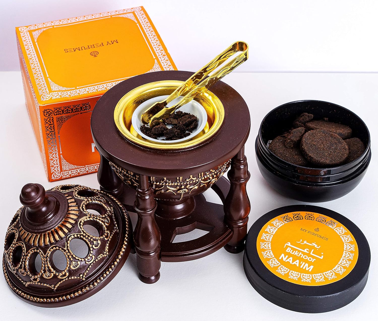 AM Incense Burner Frankincense Resin - Luxury Chalice (Brown) and Bakhoor Naaim Incense (10 Tablets) Bundle