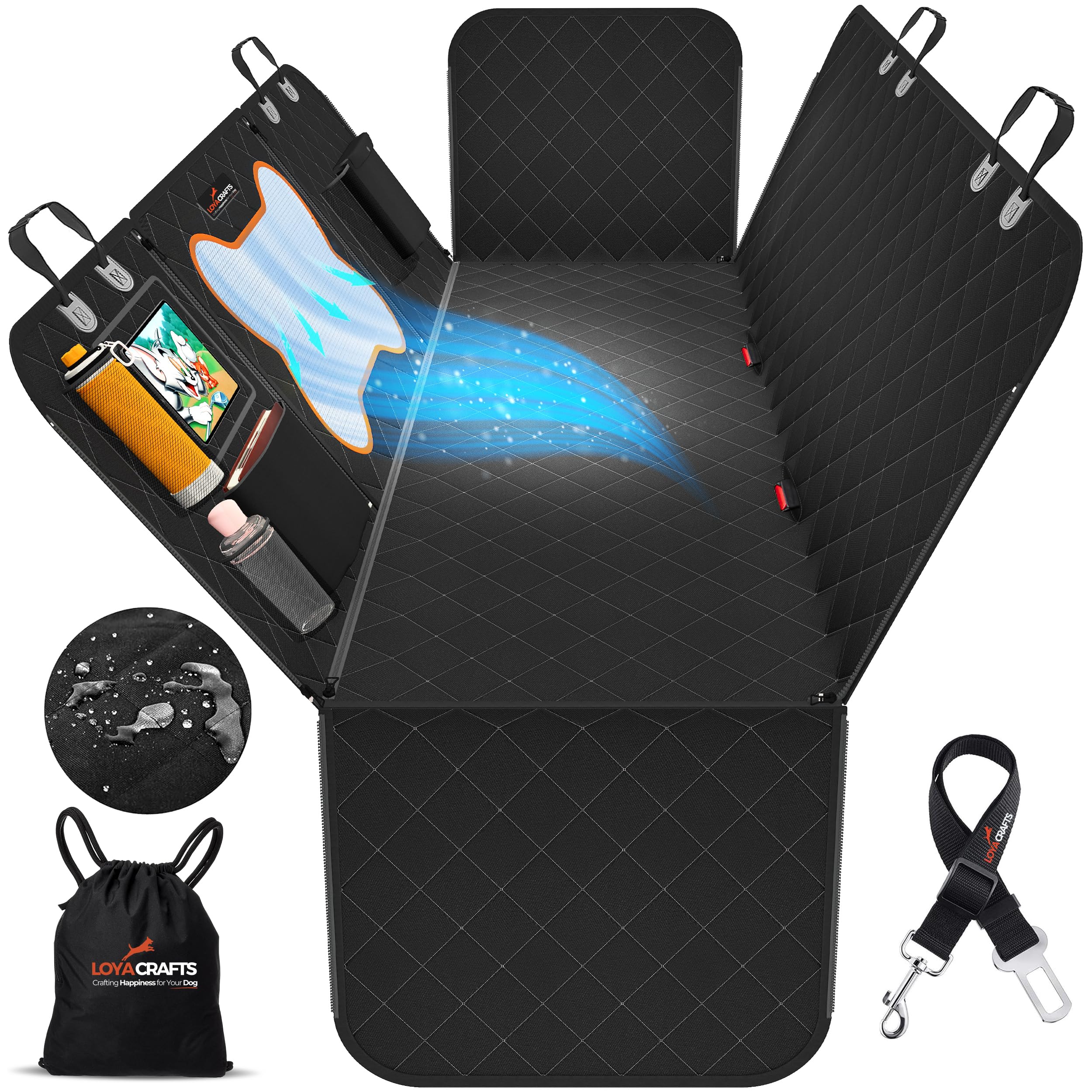Dog Car Seat Covers, 600D Heavy Duty 100% Waterproof, Nonslip, Zipper Design seat Protector, Mesh Window, Perfect Dog Hammock for Car Backseat, SUVs, Sedans & Truck (Bone Mesh Window)