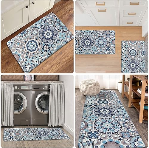 Miniatura 7 de Juego de 2 tapetes de cocina antifatiga, acolchados azules, cómodos, de PVC, impermeables, antideslizantes, para fregadero y lavandería, 17 x 48