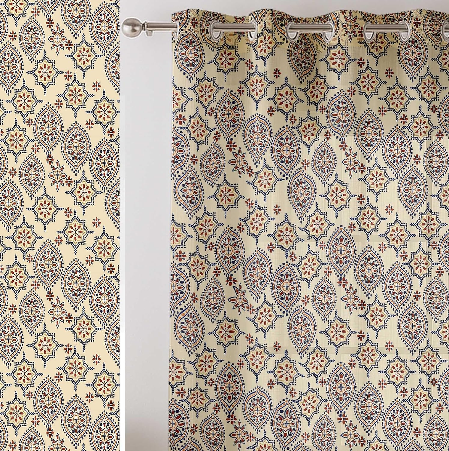Geometric Pattern Sheer Curtains for Short Windows – Set of 2 Panels, 63" Length, Grommet Top, Printed Georgette, Light Filtering Drapes for Kitchen or Bedroom