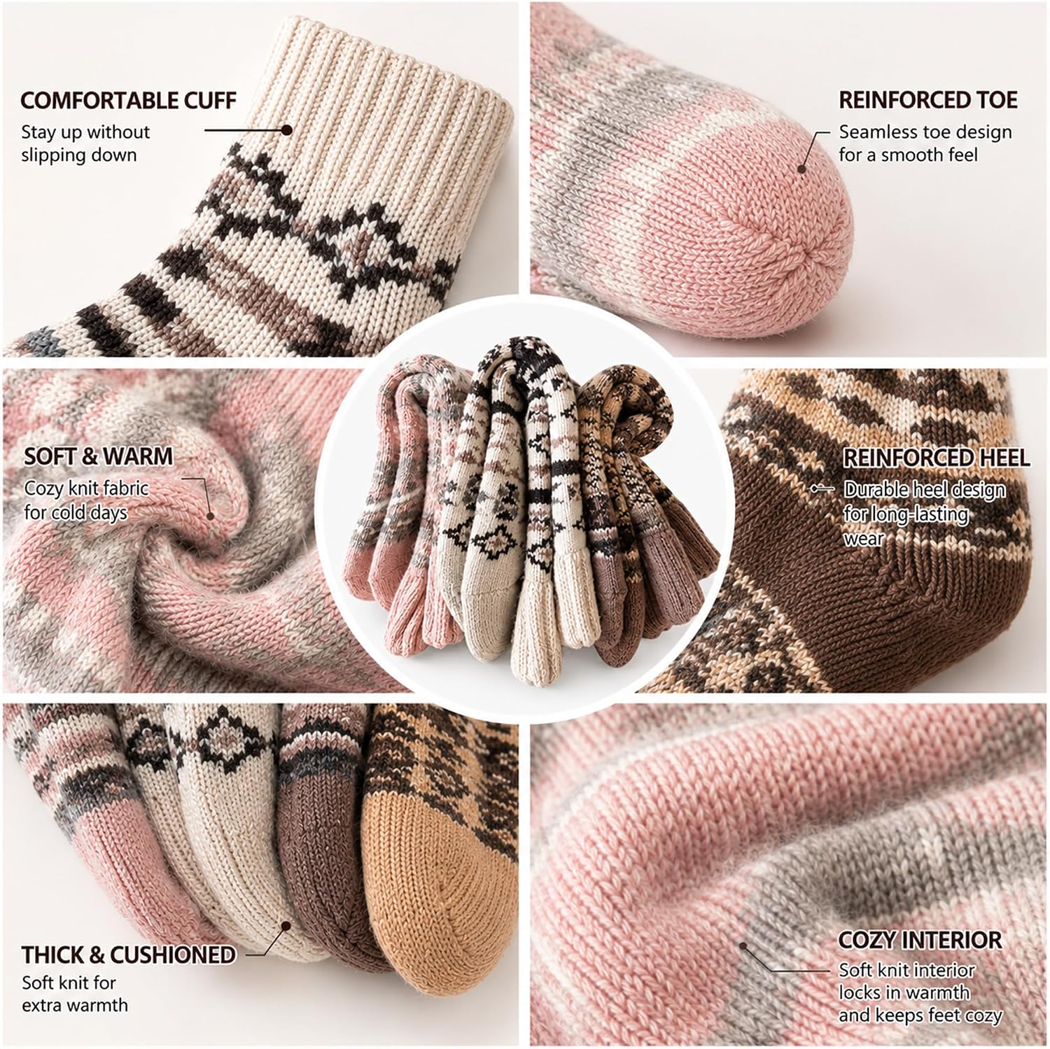 5 Pairs Wool Blend Socks for Women Men Thick Warm Vintage Ethnic Crew Socks