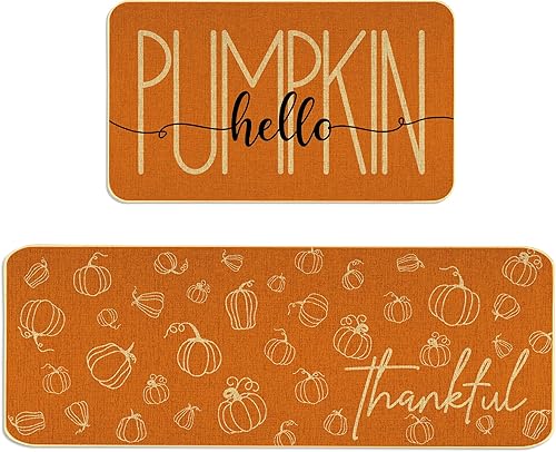 Juego de 2 tapetes de cocina de otoño naranja con texto en inglés "Hello Pumpkin" para decoración del hogar, tapetes de cocina de bajo perfil para