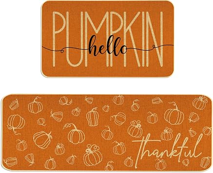 Orange Hello Pumpkin Fall Kitchen Mats Set of 2 Thanksgiving Decorative Rugs Seasonal Autumn Home Decor Low Profile Kitchen Mats for Floor 17"x29" & 17"x47"
