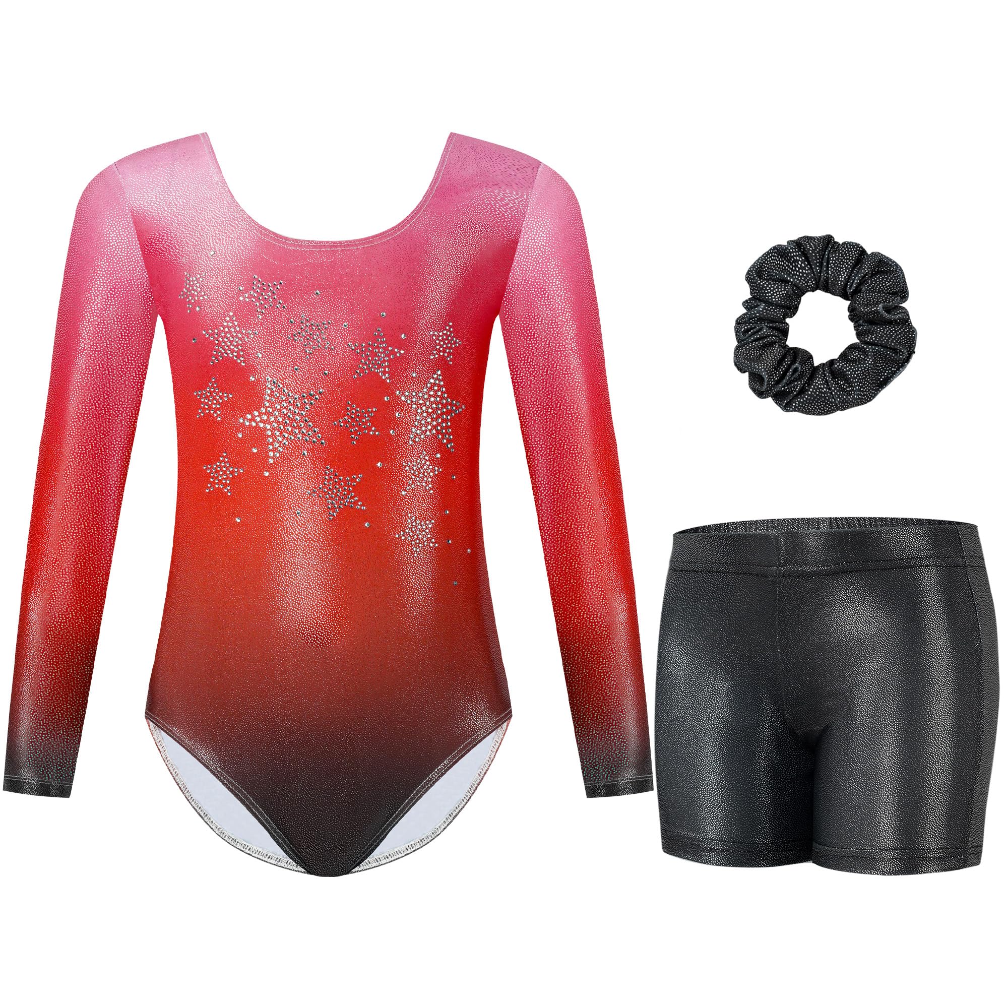 Gogokids Maillot de gimnasia de tres piezas para niña, de manga larga, con pantalones cortos y cinta para el pelo, ropa de gimnasia con diseño degradado para 3-12 años — view 35