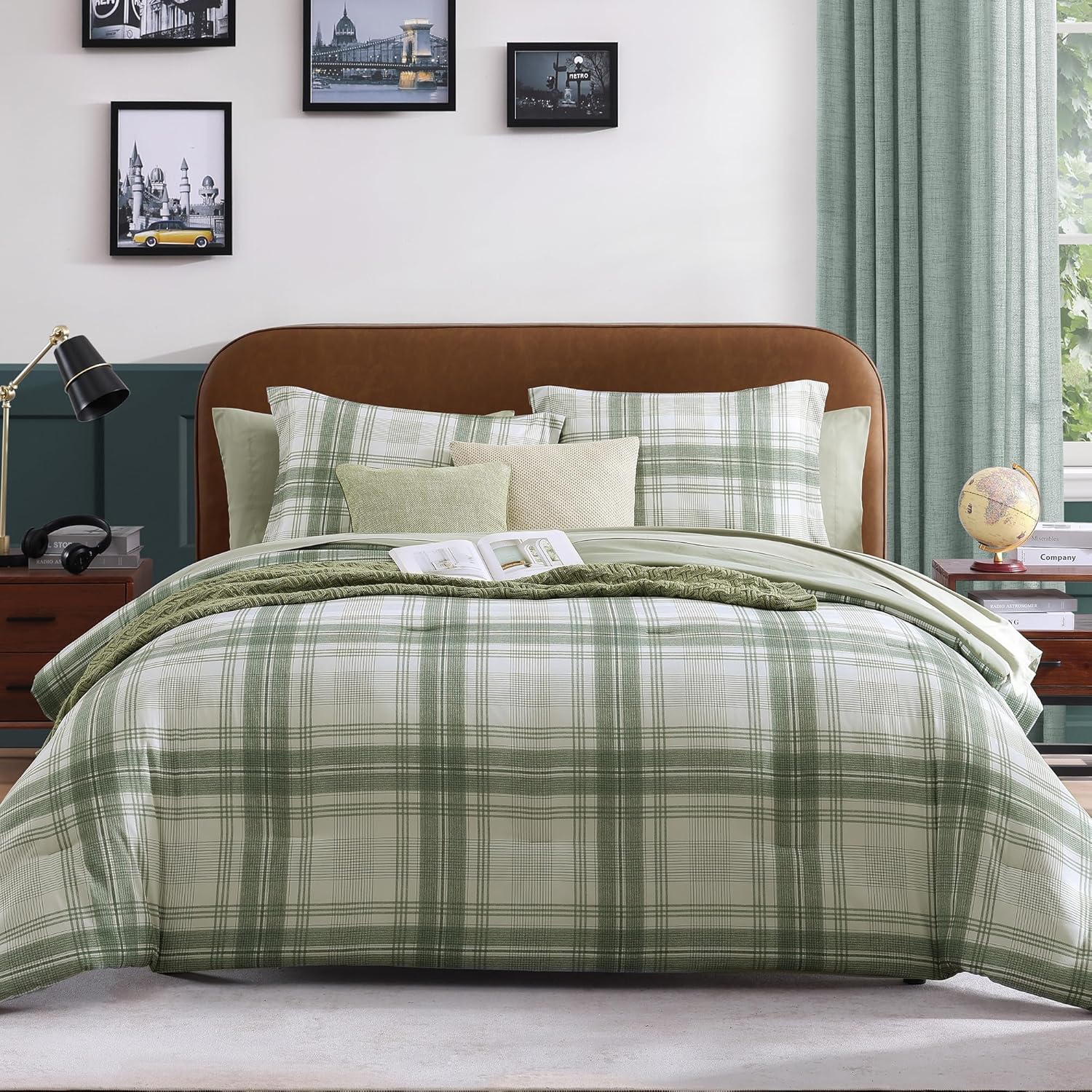 AMBERSPACE Twin XL Comforter Set, Green Plaid Bedding Set 5 Piece for Boys Girls Teen, Classic Homestead-Style Kids Comforter Set Bed in A Bag with Sheets, Pillowcase & Sham