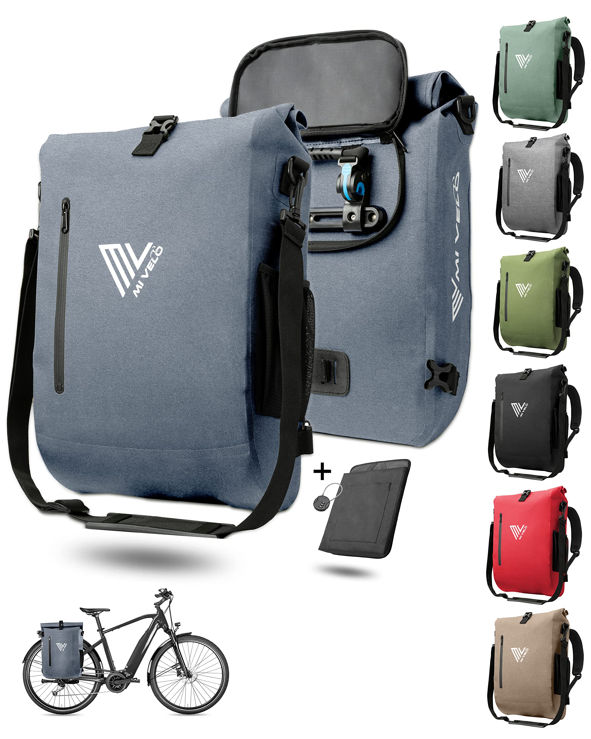 Sacoche Vélo 3 En 1 MIVELO - 20L Étanche - Sac à Dos Et Bandoulière - Pour Ordinateur Portable - Menthe