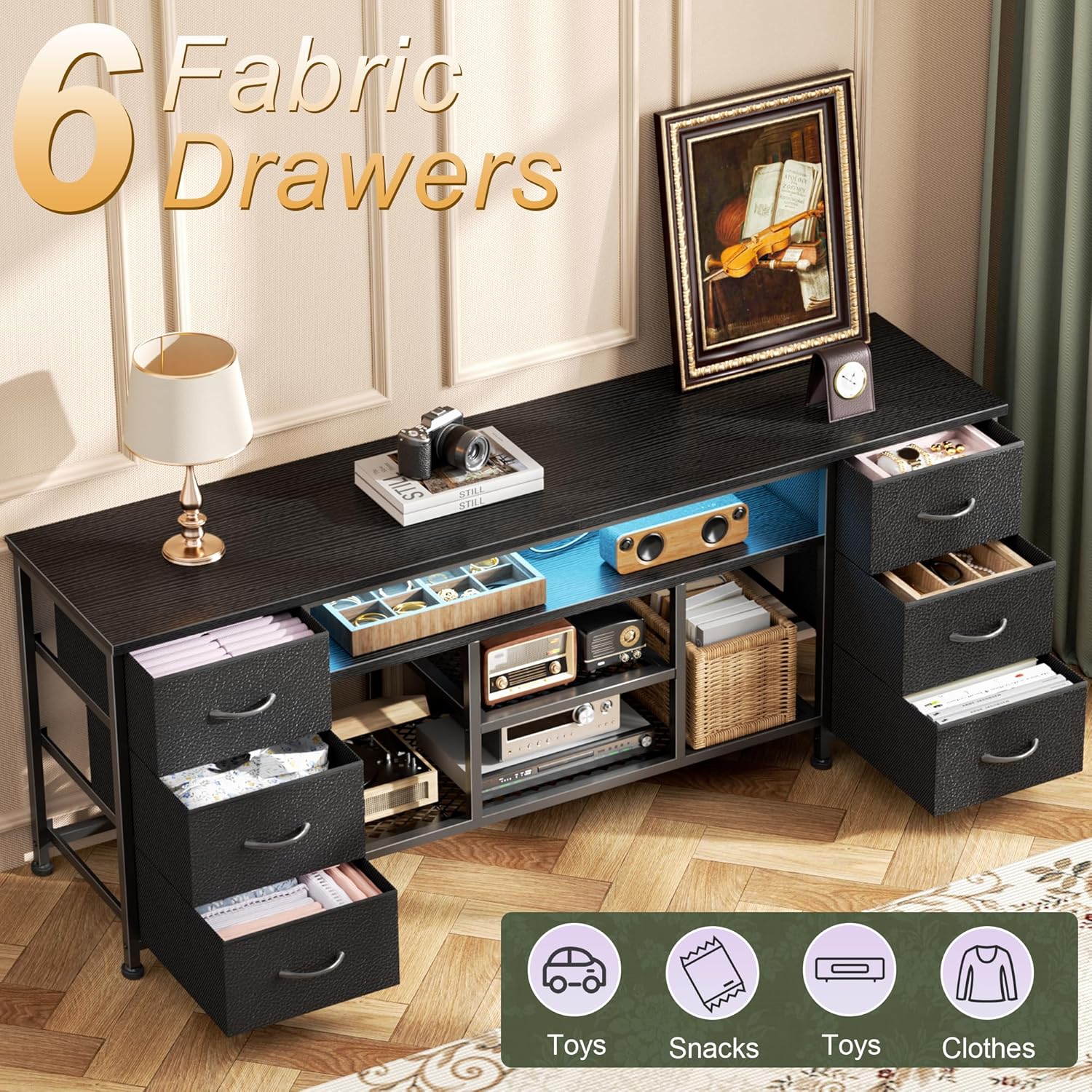 Furologee LED TV Stand for 65, 70 Inch TV, 63 Inch Entertainment Center with Power Outlets, 6 Fabric Drawers Dresser for Bedroom, Media Console with Open Shelves, PU Leather Surface, Black - Image 6