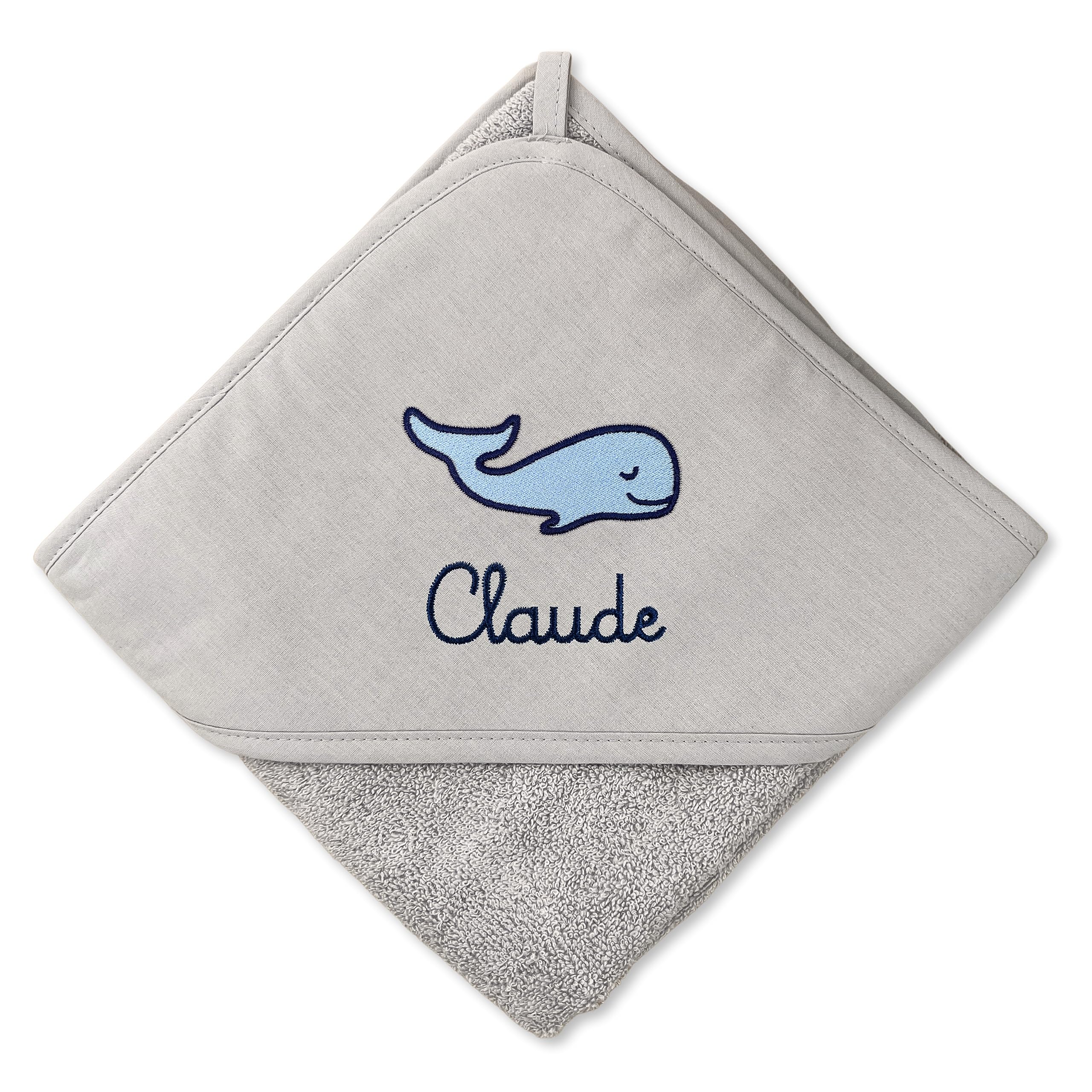 upstitch studio Kapuzenhandtuch für Baby (75x75cm) und Kinder (100x100cm) mit Namen personalisiert für Jungen und Mädchen aus 100% Baumwolle - Babyhandtuch und Kinderhandtuch (Grau, 100 x 100 cm)