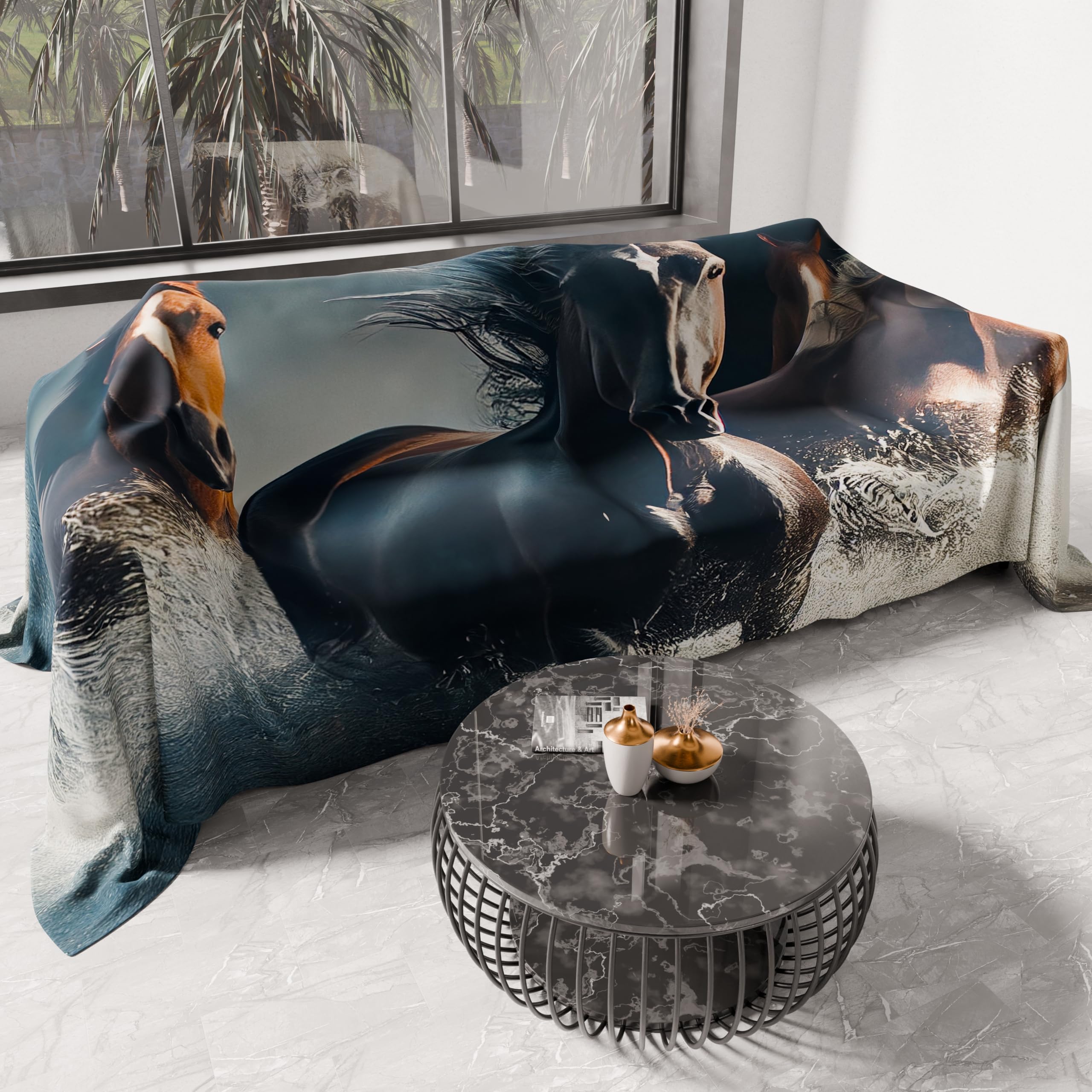 PETTI Artigiani Italiani - Microfibre Sofa Cover 220 x 270 cm, Horses Design | Multipurpose for Sofas, Bedspreads and Table Covers | Washable Protective Cover