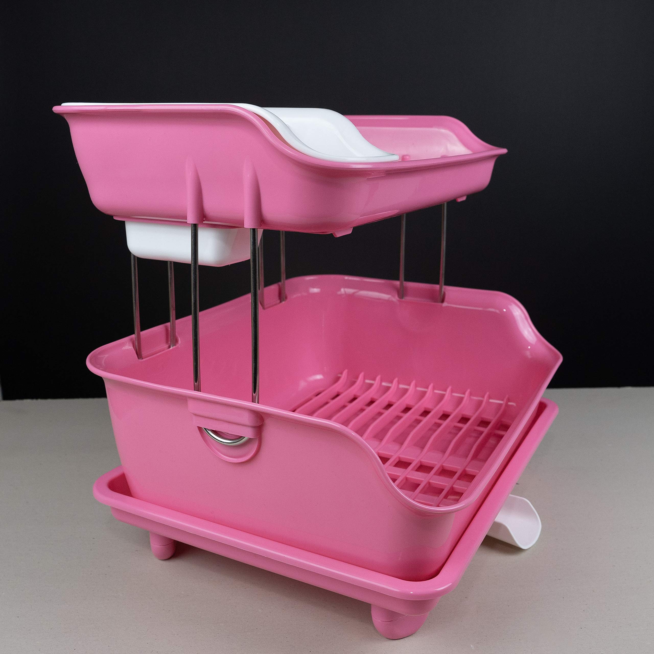Égouttoir à vaisselle avec panier à couverts - Panier à vaisselle en plastique avec porte-couverts - Rose