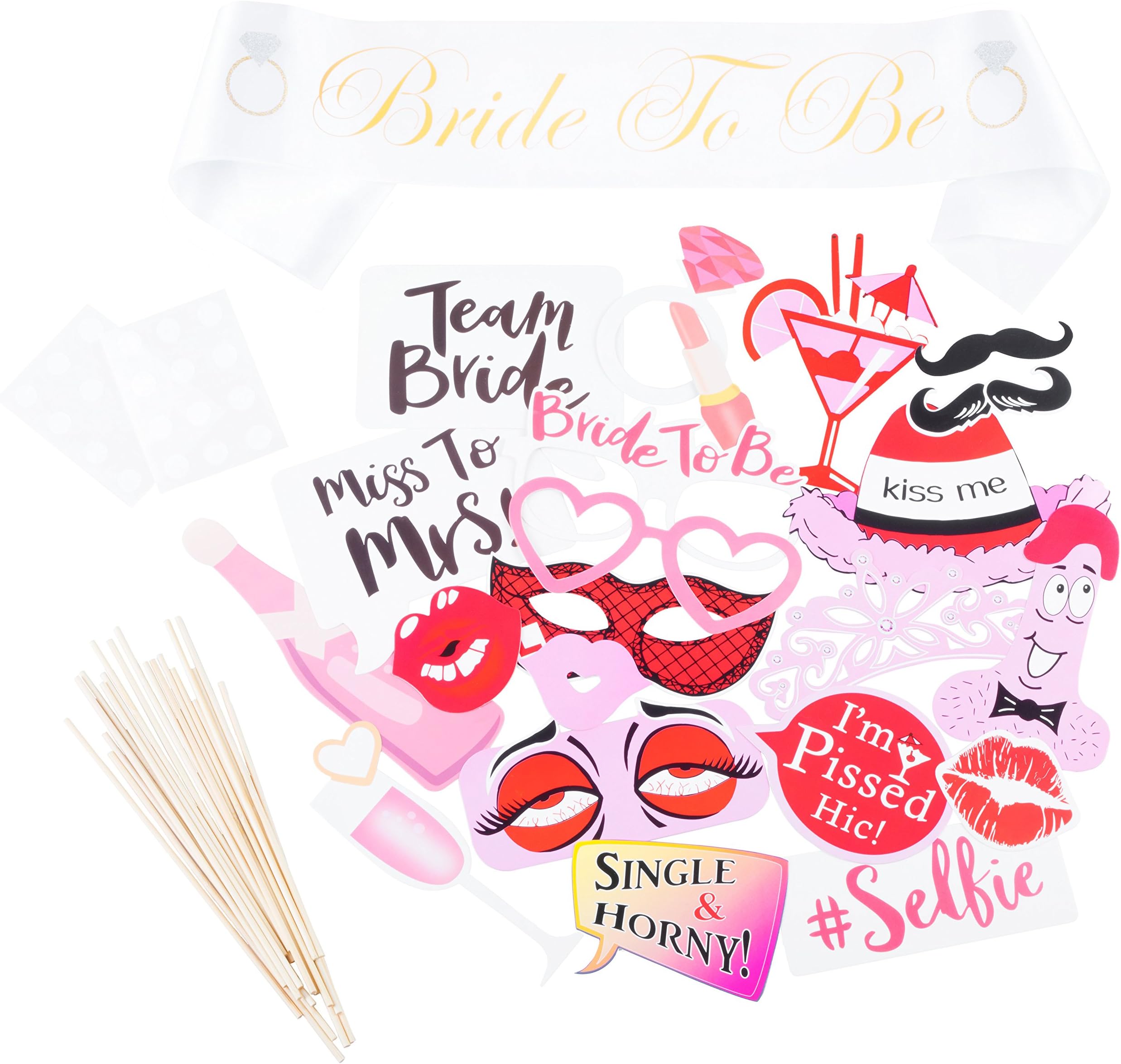 Bachelorette Party Photo Booth Props: Funny and Dirty Photo Cutout Accessories Kit for Adults with White Bride To Be Sash - 22 Piece DIY Selfie Photo Prop Set with Sticks and Glue Dots Included