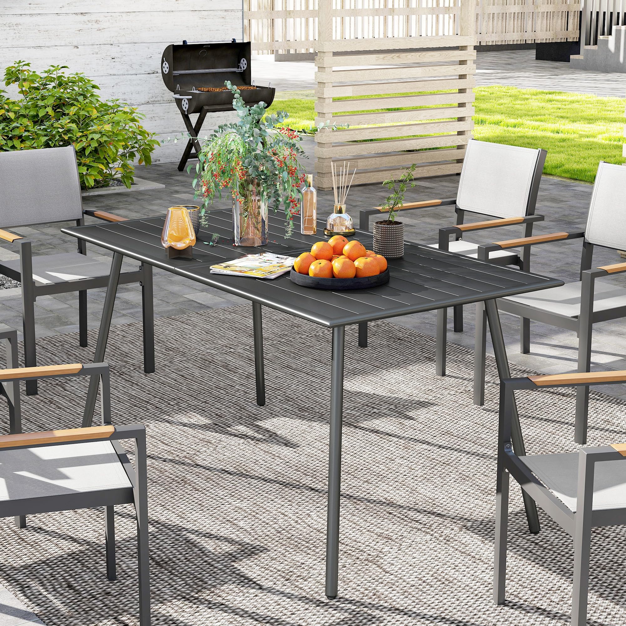 Outsunny Patio Dining Table for 6, Outdoor Metal Steel Slat Table