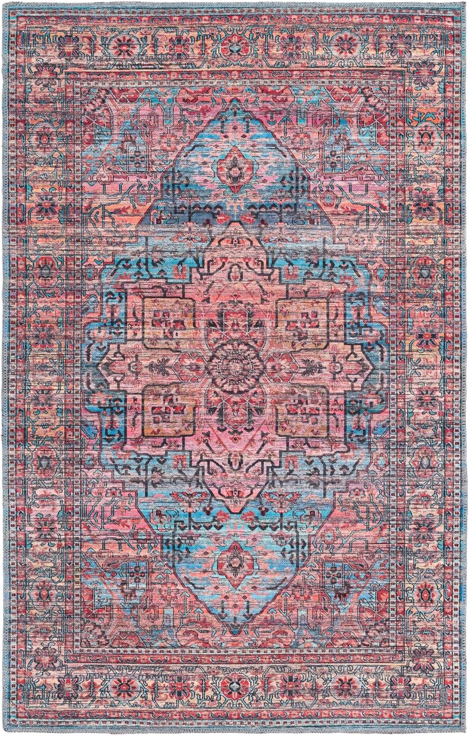 Rugs.com Maahru Collection Washable Rug – 5 Ft Square Blue Low-Pile Rug Perfect for Living Rooms, Kitchens, Entryways