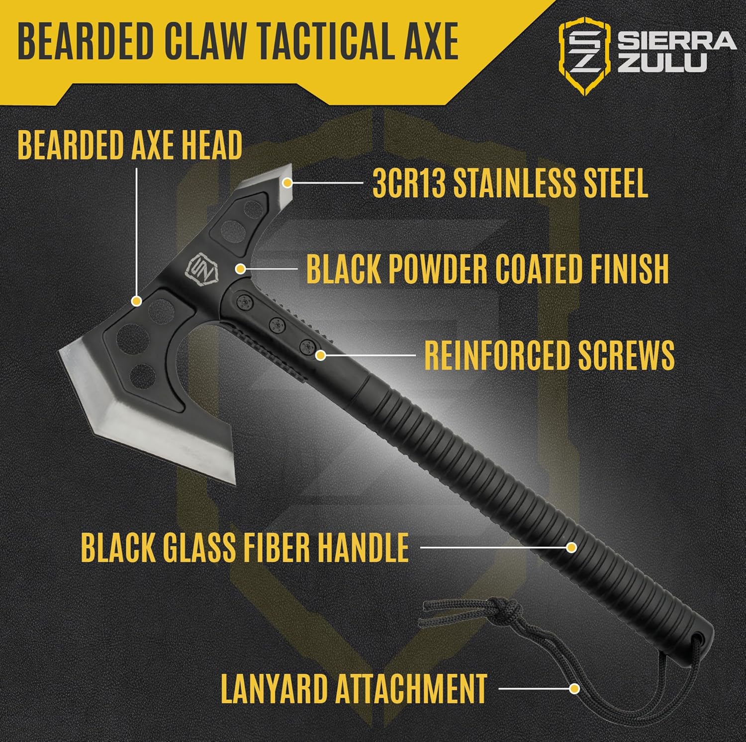 Sierra Zulu Camping Axe - Tactical Survival Hatchet with Bearded Axe Head, Nylon Sheath & Glass Fiber Handle - Full Tang Outdoor Bushcraft Tool for Camping, Hiking, and Chopping Tasks - Image 3