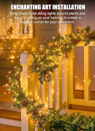 Miniatura 5 de Minetom Guirnalda de luces solares para exteriores, 33 pies, 100 luces LED solares para exteriores, 8 modos de luces de balcón para árbol, patio,