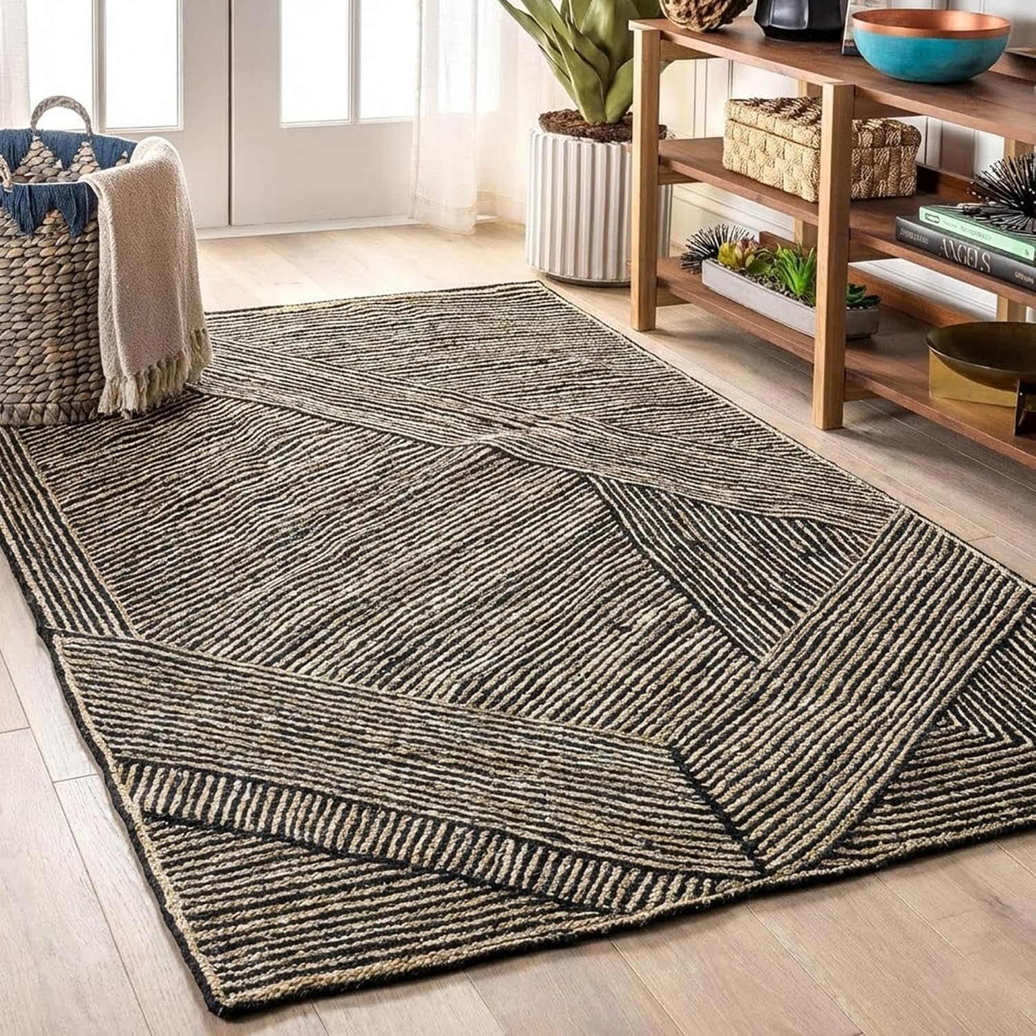 Natural, Durable Area Rug 12x15 Ft Hand Woven Braided Jute Rugs Geometric Black Kilim Jute Rug Living Room, Dining Room, Bedroom Pet-Friendly, Easy Maintenance