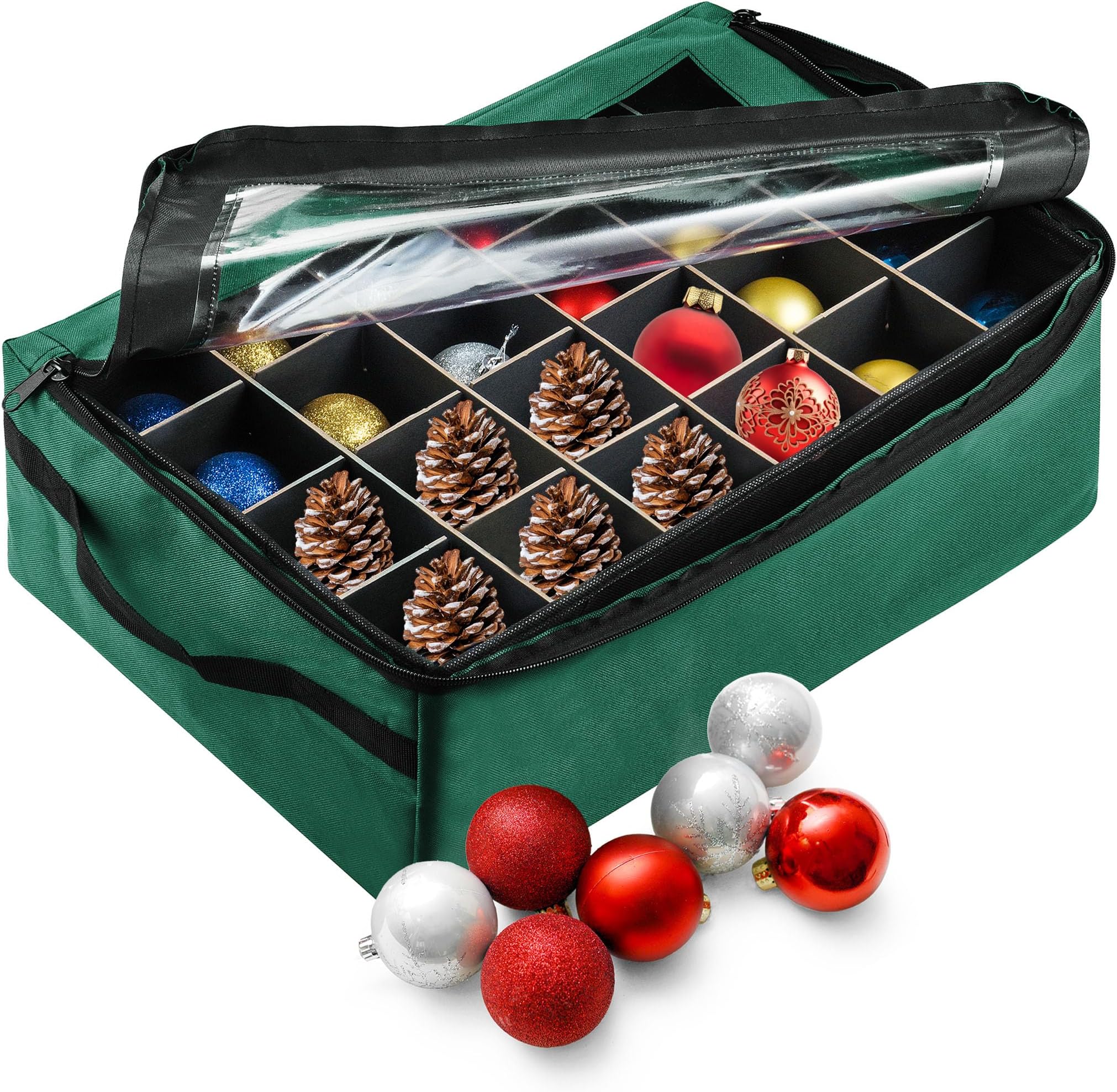 Tiny Tim Totes Green Premium | 48 Christmas Ornament Organizer Storage Box Case