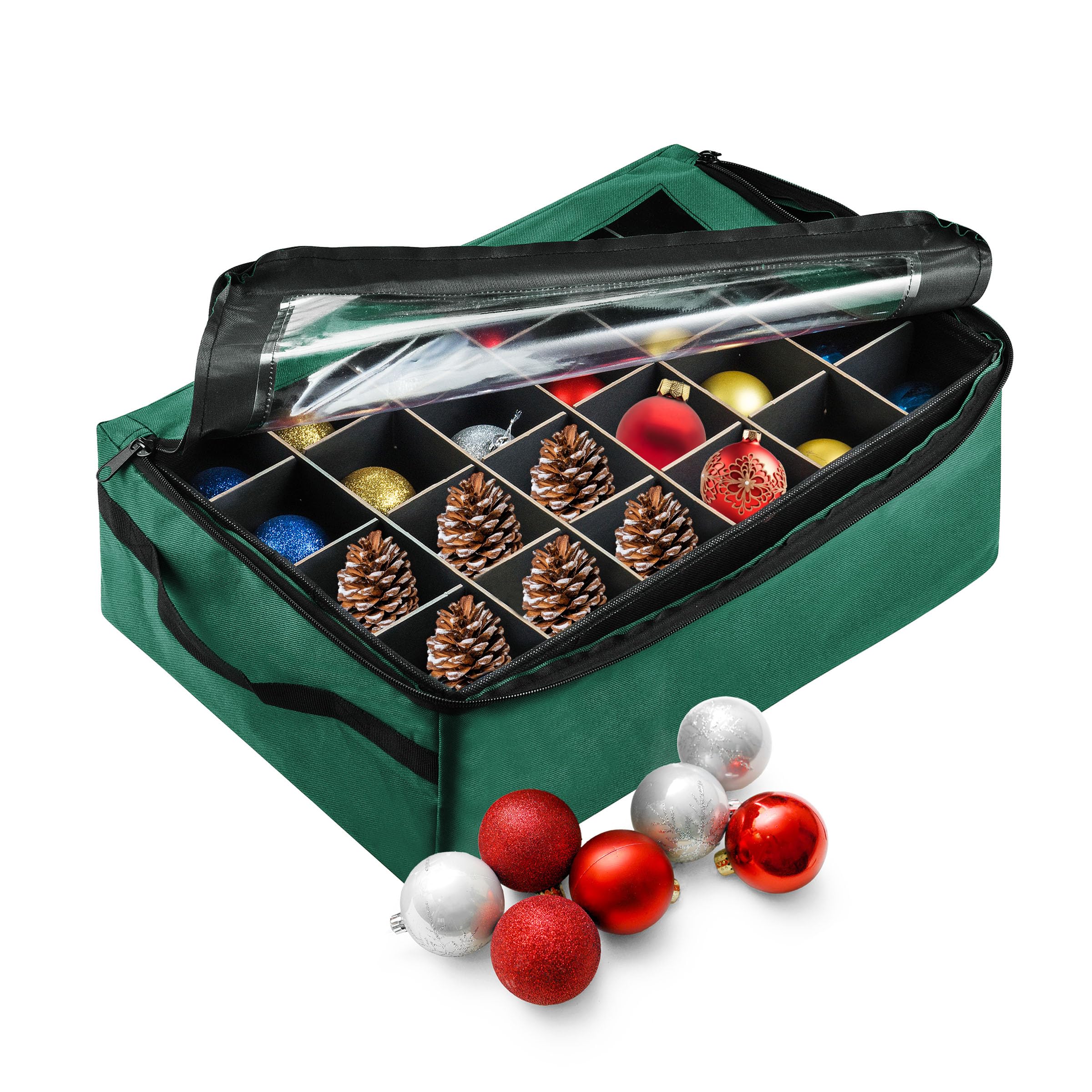Ornament Storage Box - Zippered Organizer with 48 Individual Compartments and Dividers for Christmas Bulbs and Decorations by Tiny Tim Totes (Green)
