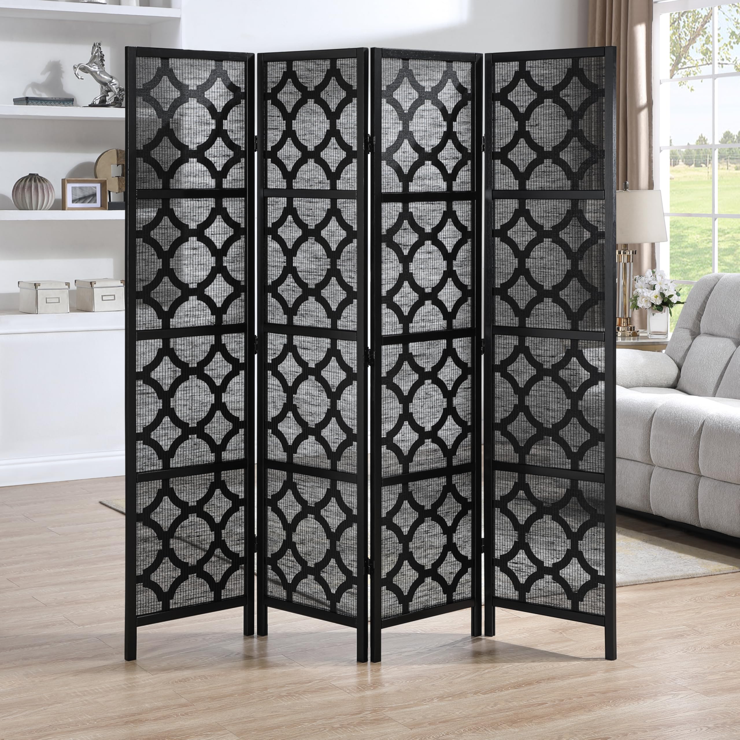 Roundhill Furniture Quarterfoil Diamond Design 4-Panel Room Divider, Black