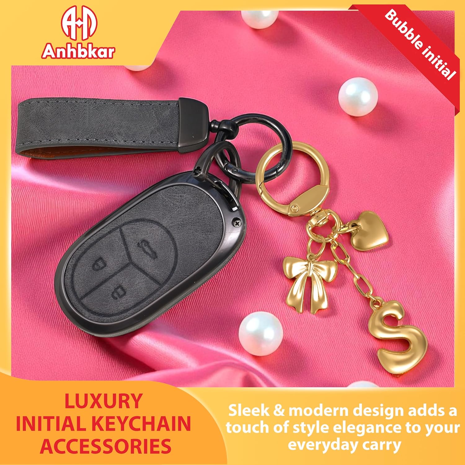 Gold Bubble Letter Keychain with Heart and Bow, Round Clasp Initial Bag Charm, Personalized Gift for Women Girls - Image 5